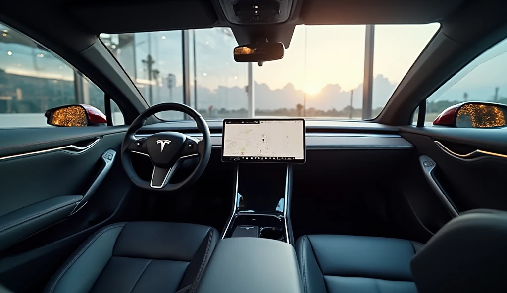 "Ultra-realistic close-up of a luxurious Tesla interior inside a modern ...