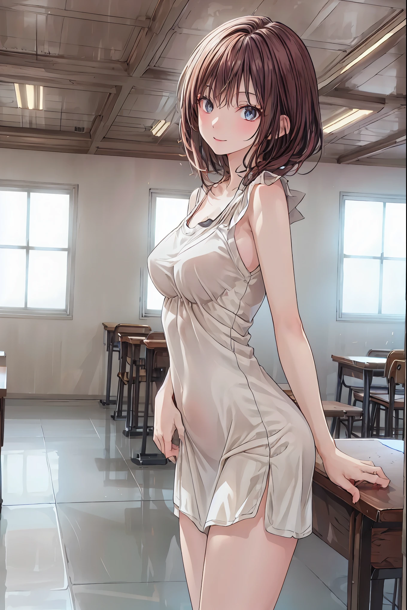  in a high school classroom，Female Teacher with Strict Abstinence,Female Teacher Standing in Front of a Pulpit，the student's back is an adult，Beautiful Legs Glancing at Students,black stockings，selfish body,Cold look,Testing Students' Abstinence,brown hair，shortcut，unkempt hair，Short braided hair，Neat，slender beauty，correct posture，small breasted，Beautiful legs，their enchanting gray-blue eyes shine like stars，Saggy Eyes，Brilliant Colors,beautiful eyes,A delicate smile,Textured Skin,best quality,gentle and beautiful woman,anime style､Mysterious Atmosphere,4K High Resolution,Realistic,portrait,Dark color , bright red ,Eyes That Seem to Be Sucked In,Picturesque,Immersive luster,Photo Real,professional quality