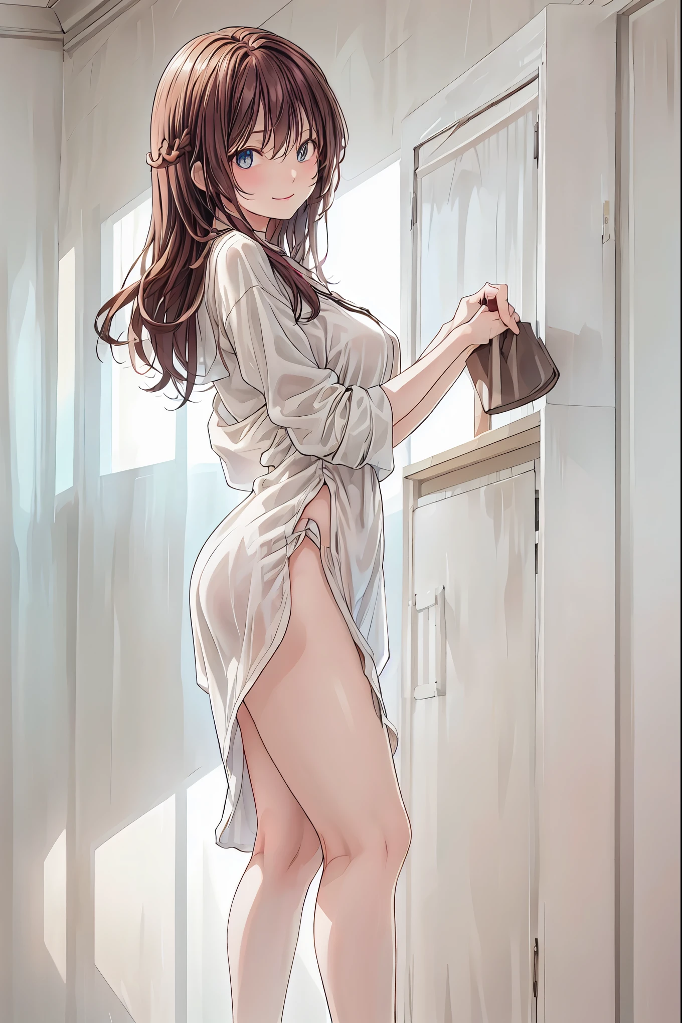  in a high school classroom，Female Teacher with Strict Abstinence,Female Teacher Standing in Front of a Pulpit，the student's back is an adult，Beautiful Legs Glancing at Students,black stockings，selfish body,Cold look,Testing Students' Abstinence,brown hair，shortcut，unkempt hair，Short braided hair，Neat，slender beauty，correct posture，small breasted，Beautiful legs，their enchanting gray-blue eyes shine like stars，Saggy Eyes，Brilliant Colors,beautiful eyes,A delicate smile,Textured Skin,best quality,gentle and beautiful woman,anime style､Mysterious Atmosphere,4K High Resolution,Realistic,portrait,Dark color , bright red ,Eyes That Seem to Be Sucked In,Picturesque,Immersive luster,Photo Real,professional quality