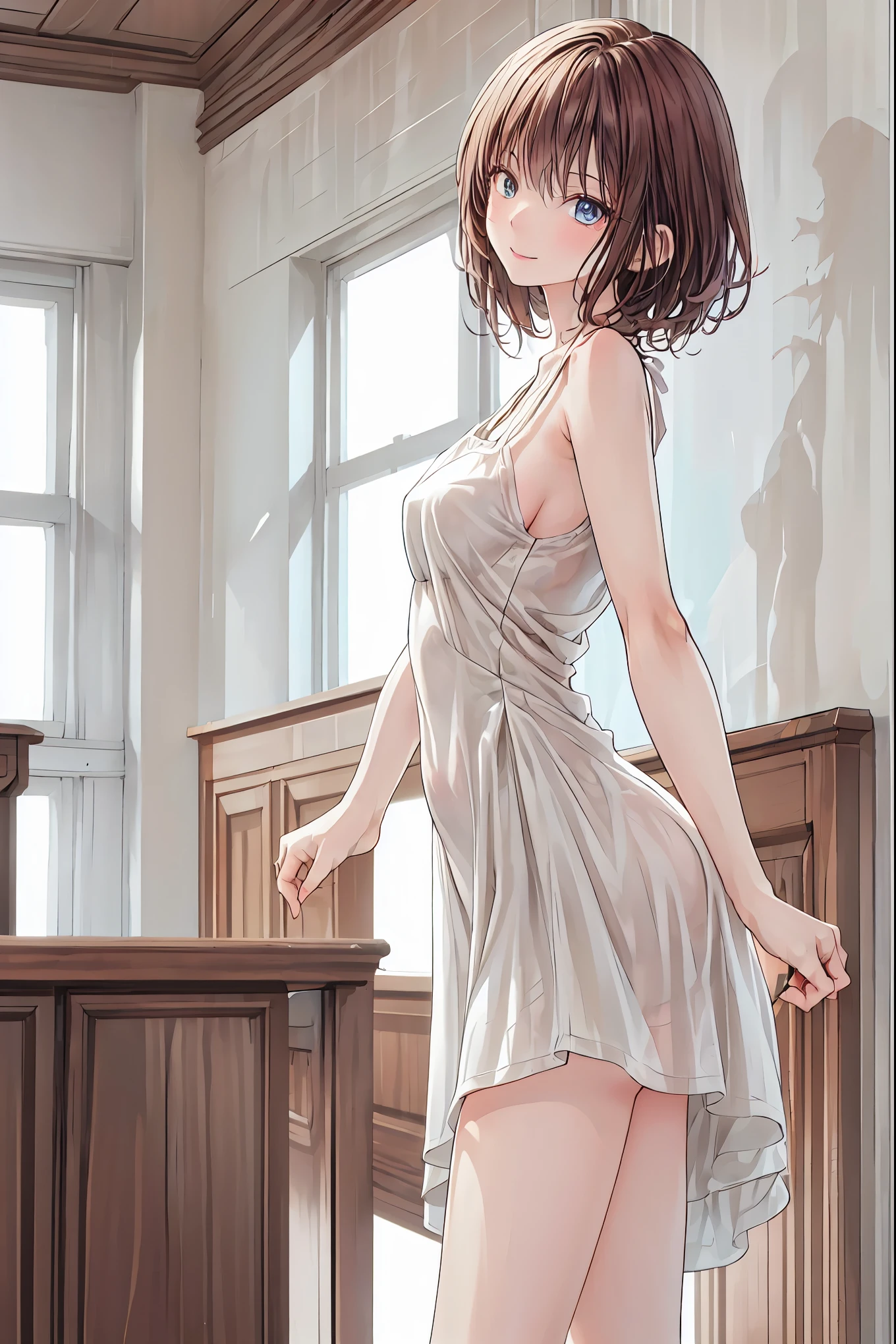  in a high school classroom，Female Teacher with Strict Abstinence,Female Teacher Standing in Front of a Pulpit，the student's back is an adult，Beautiful Legs Glancing at Students,black stockings，selfish body,Cold look,Testing Students' Abstinence,brown hair，shortcut，unkempt hair，Short braided hair，Neat，slender beauty，correct posture，small breasted，Beautiful legs，their enchanting gray-blue eyes shine like stars，Saggy Eyes，Brilliant Colors,beautiful eyes,A delicate smile,Textured Skin,best quality,gentle and beautiful woman,anime style､Mysterious Atmosphere,4K High Resolution,Realistic,portrait,Dark color , bright red ,Eyes That Seem to Be Sucked In,Picturesque,Immersive luster,Photo Real,professional quality