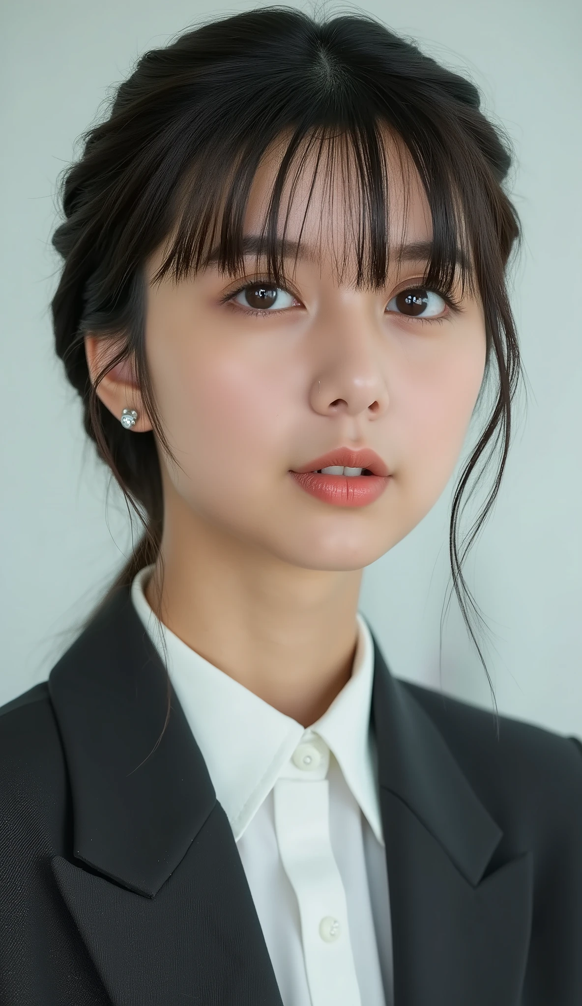 Neat Young Woman、looking at the camera、office lady suit、jacket、shirt、耳にピアス、、濃いアイメイク、、無表情、、face close-up、The background is office