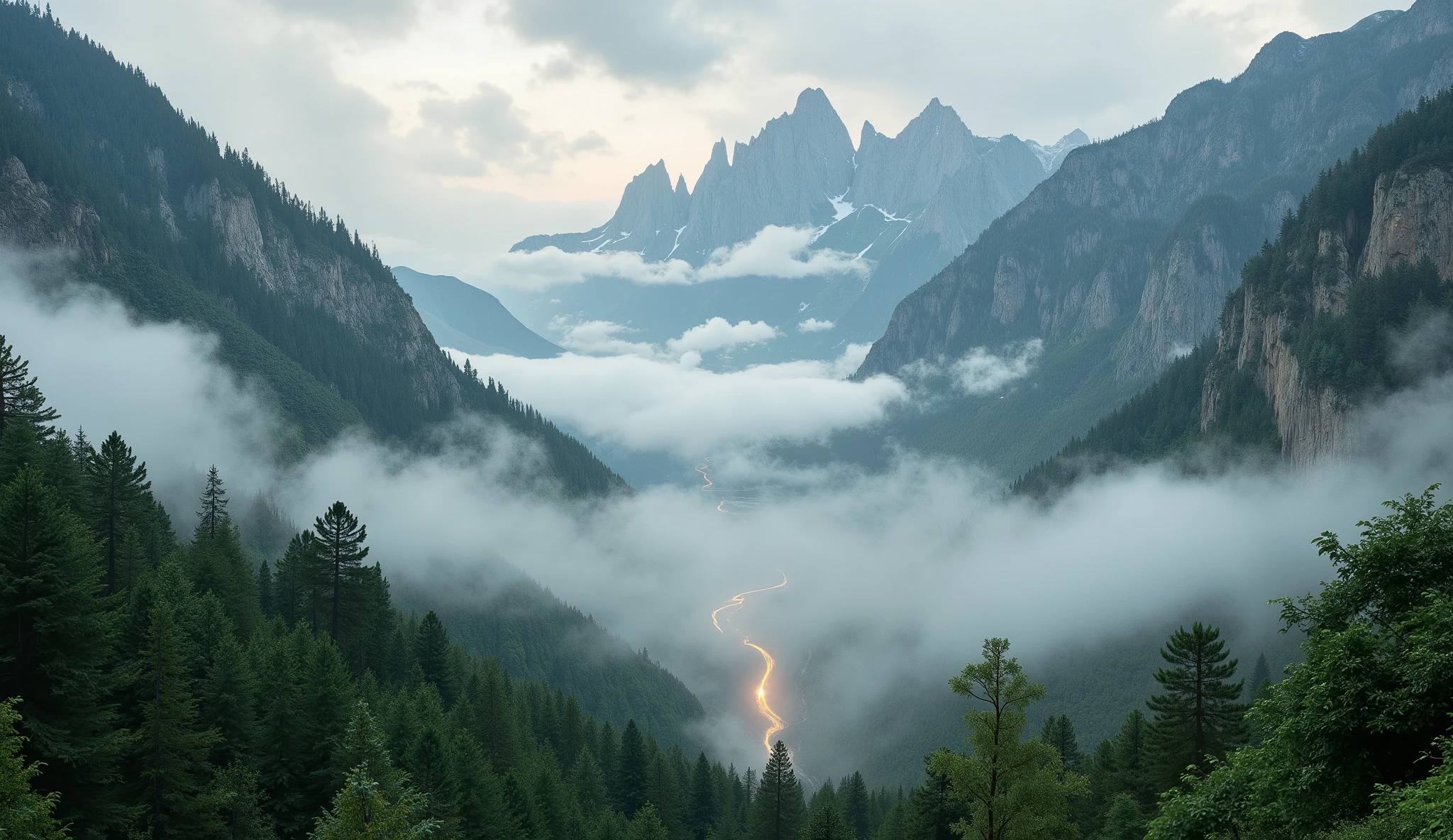 “Fog-covered mountain valley, subtle supernatural glow, high detail, 8K, realistic color tones.”