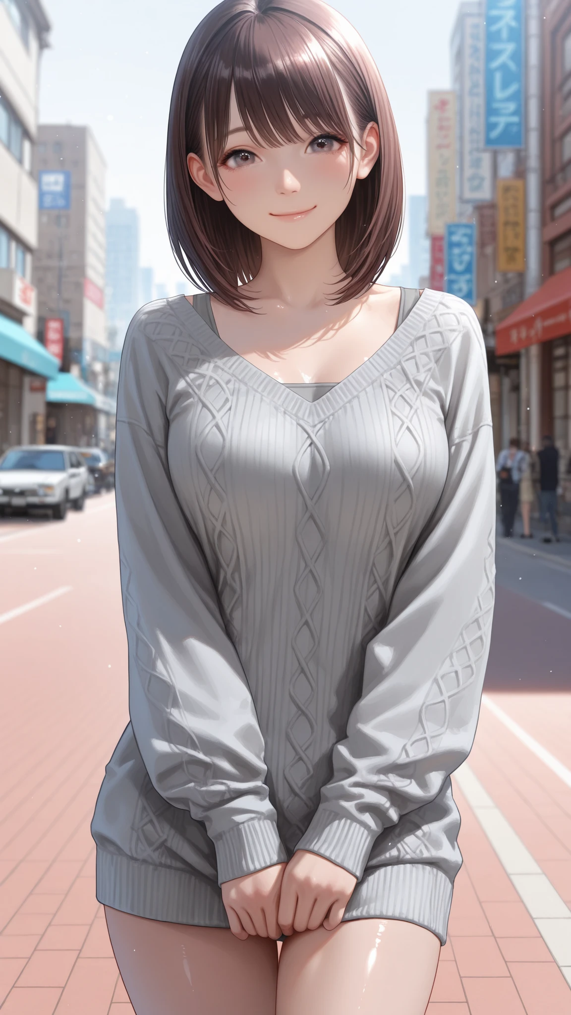 candid street photography style, cute young Japanese woman, sweet and gentle atmosphere, wearing a gray knit top、and emphasizes a rich bust {x}, natural pose, soft smile, Daytime city background, natural light, realistic texture, very detailed, realistic,
、
,..
,( masterpiece, Highest Quality, high resolution, ultra high resolution, Pixel Perfect, depth of field, 4K, RTTX10.0), 、Nene Kasaki々, 、shiny hair, beautiful eyes,smiling from the waist up , , (fine particles), , ,, (masterpiece:1.2, Highest Quality), ((only1 girl,solo)), (( cowboy shot)),