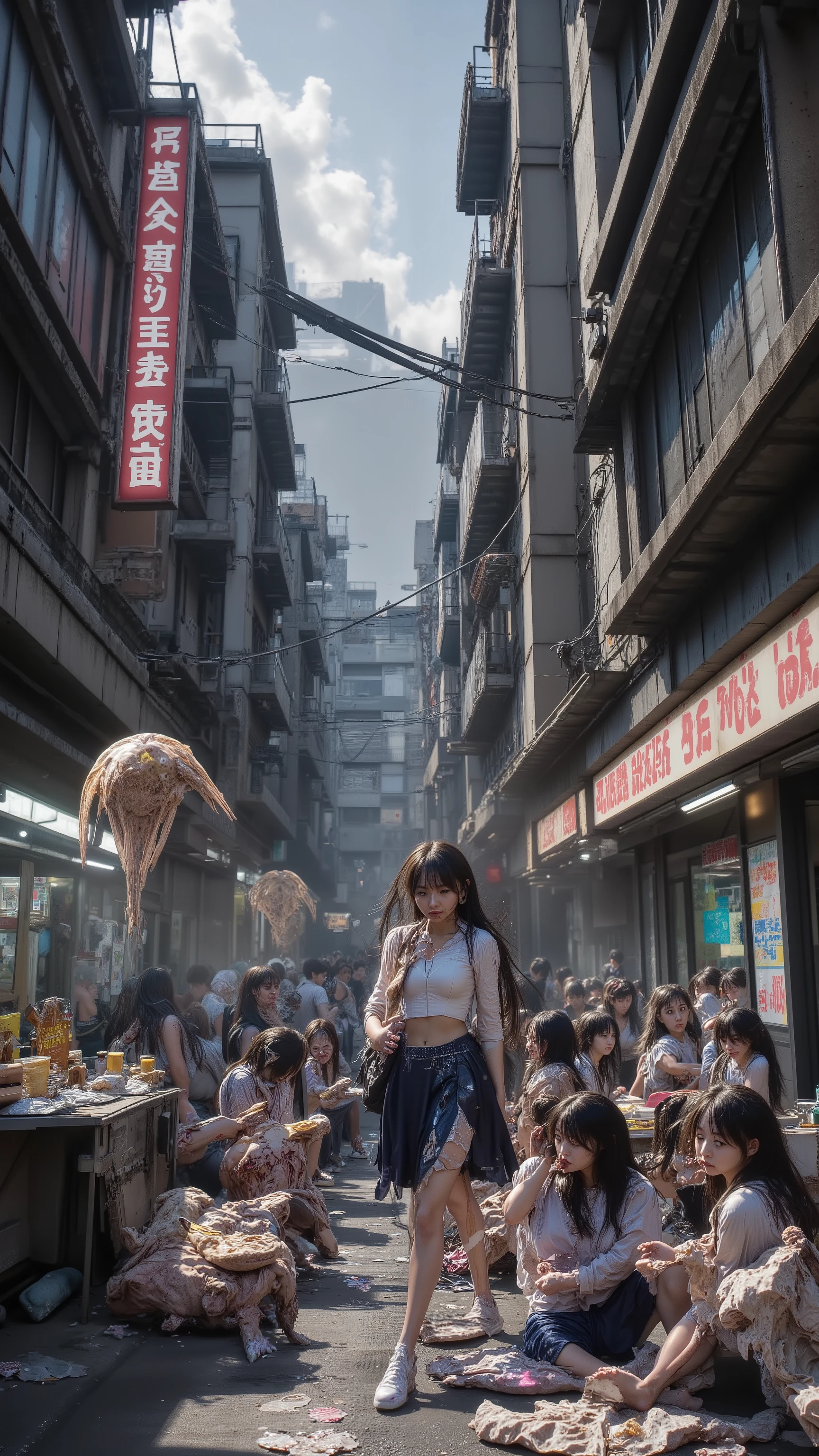 8K, high-definition, hellish scenes caused by explosions, buildings collapsing, and zombies greedily eating sweets in front of a shining convenience store.