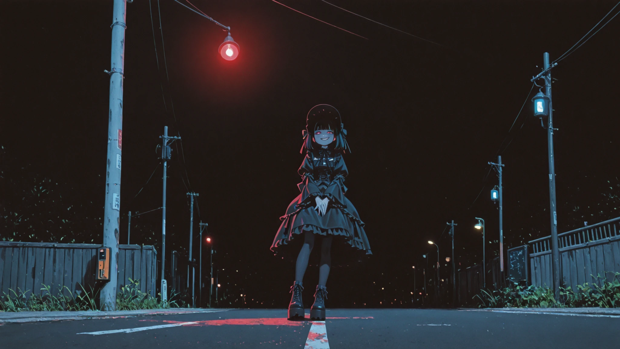１boy、Gothic Lolita 、Roadside in the dark countryside of Japan、illuminated by streetlights on telephone poles、full body、watching viewers、expression hidden in a hat、evil smile、There are no shadows at the feet of the protagonist、top quality、8K quality、High fineness、High precision in selection、Dark screen、The heartfelt light of the streetlights illuminating the protagonist