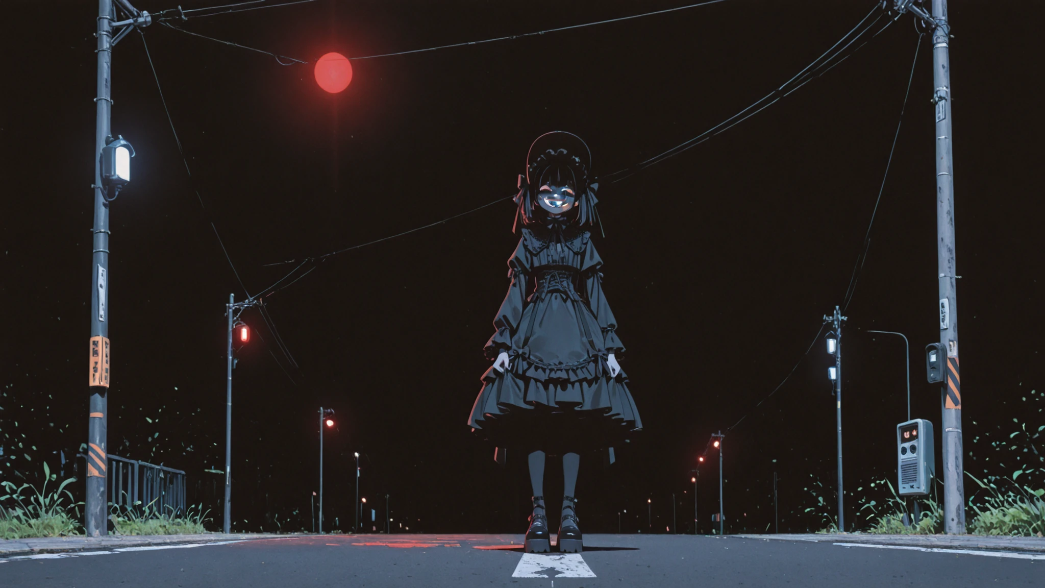 1boy、Gothic Lolita 、Roadside in the dark countryside of Japan、illuminated by streetlights on telephone poles、full body、watching viewers、expression hidden in a hat、evil smile、There are no shadows at the feet of the protagonist、top quality、8K quality、High fineness、High precision in selection、Dark screen、The heartfelt light of the streetlights illuminating the protagonist