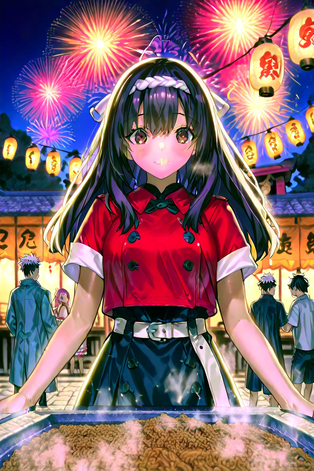 {Of the highest quality], [Super beautiful], [Ultra Fine], [best illustration], ,Brown hair, hime cut, by the width, with bangs, Girl,high school student,uniform,tissue,short sleeve,Skirt,smile, blush, Thin women, adult women,standing posture,(public),night park,summer festival,diagonal, Navy Blue Knee High Socks,black bread