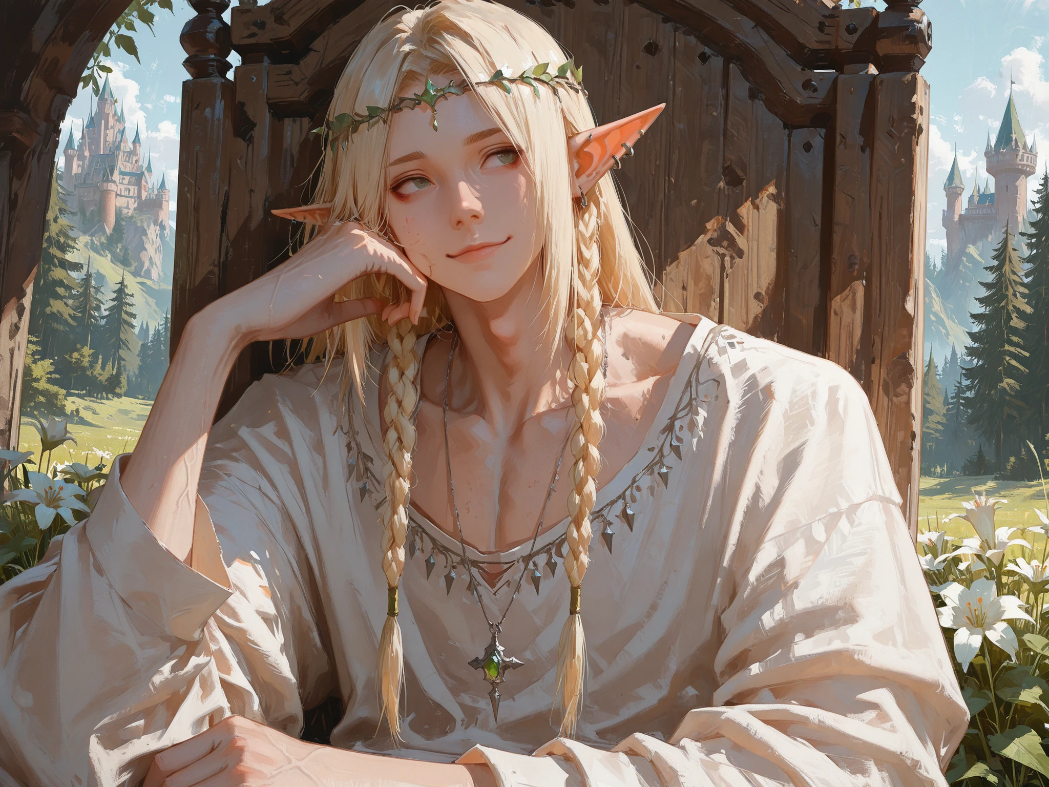 close-up, front shot, looking away, makes an aesthetic, Master piece, Best Quality, ultra detailed, (a handsome boy:1.3), solo, (male:1.6)long platinum-blonde hair, silky straight hair, circlet of vein, side braids, elf, king of forest, toned, white shirts, gown of king, a simple necklace, piercing, speaking to his aide beside him, smile, cheek rest, beautiful wooden throne with flowers and vein, castle of forest in backgrond, Beautifully detailed background, morning