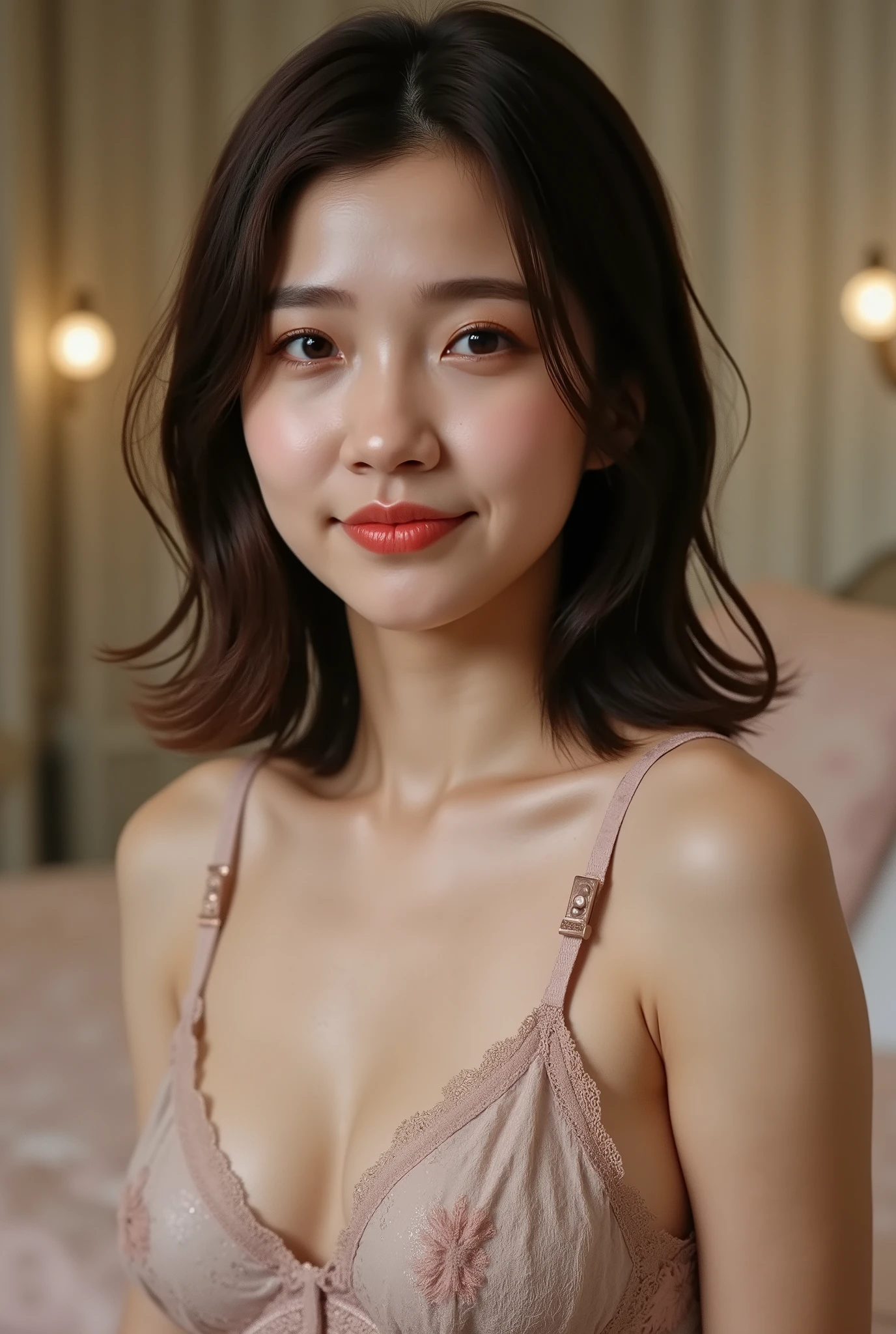 (( Premium Quality, 8k )), ((masterpiece)), ( details), 、Dark Haired, Japanese girls, first-person view ,ONE WOMAN, Slim women, petite woman , ,( な下着, in the bedroom),((( Extraordinary , in , beautiful , short bob hair , Dark Haired))), ((Dark Haired, in )) , (( No decoration, no accessories, without makeup))