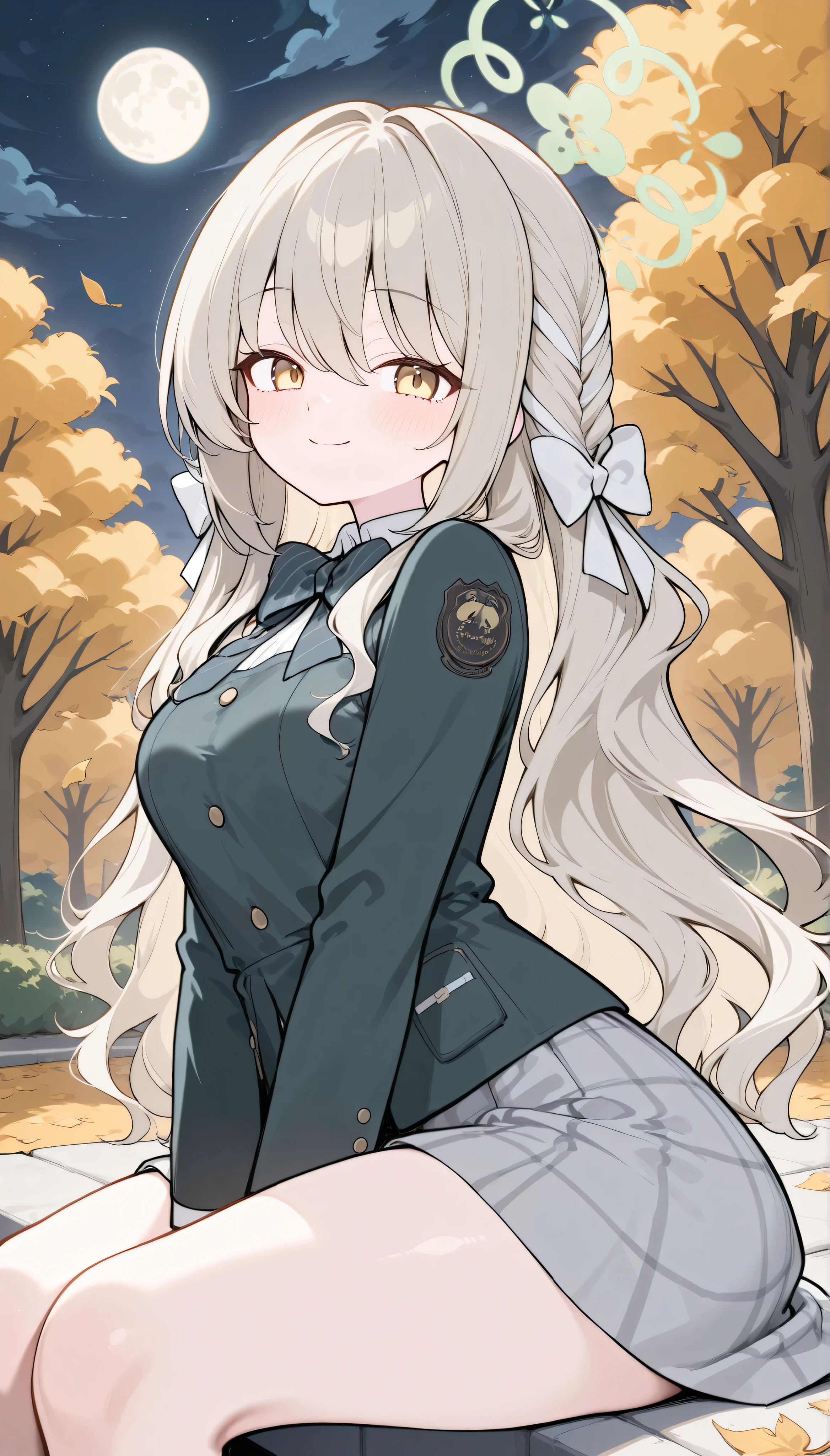 miyo (blue archive), platinumblonde hair, long hair, braid, hair ribbon, white ribbon, multicolored hair, yellow eyes, medium breasts, halo,　 solo, I can see my eyebrows from the inside of my hair, hair between eyes,　  masterpiece, Best Quality, very aesthetic, thick thighs, Wide pelvis,  Girl in uniform,plaid skirt,　sitting, outdoor, garden, (in the night), (autumn), ((moon:1.5)), From side,looking at viewer, smile, (frogs eye view),　closed mouth,