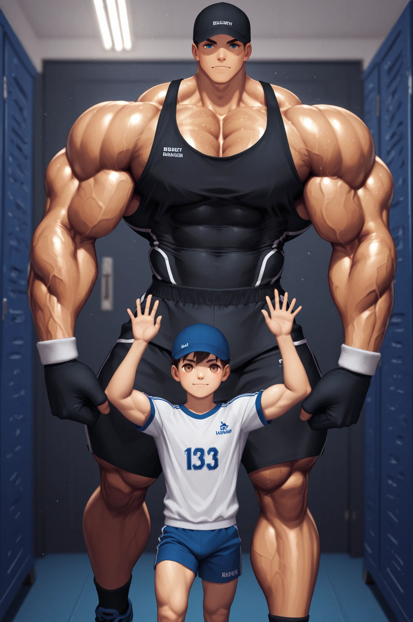 Woman in black  and small man in white shirt, weak and small man, thin and small physique, Very beauthful. , ,weak and defenseless man, small physique, , muscular ultraviolent woman, muscular and scary, absurdly huge physique, big muscles, extremely muscular woman, giant woman, extremely giant, thinking about a little boy, stepping on a little boy ,