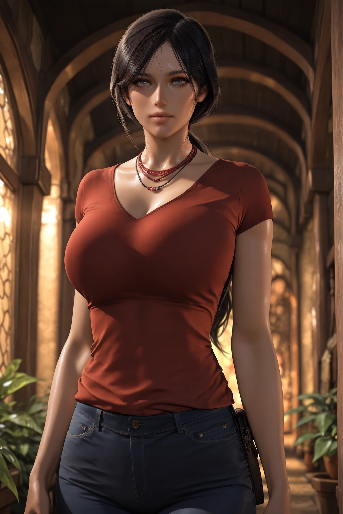 jeans, mole, blurry background, dusky skin, ponytail, breasts, sexy, necklace, face focused, detailed background, beautiful woman, upper body, xchloex, black hair, long hair, low ponytail, grey eyes, dark-skinned female, black eyeliner, realistic, multiple necklaces, red shirt, jeans, boots, focus on the face, detailed background, beautiful woman, upper body, 1 girl, solo, detailed eyes, big breasts, fit girl, (best quality, 4k, 8k, high resolution, masterpiece: 1.2). The girl is standing in a pristine jungle near a path, and the bright sun beautifully illuminates the lush foliage. ultra-detailed, the girl is looking at the viewer, beautiful detailed lips, detailed face, complex details, warm lighting, soft colors, delicate skin, detailed background. masterpiece, best quality, bright, very aesthetic, high contrast, semi-realistic, latest, perfect shadows, correct lighting.