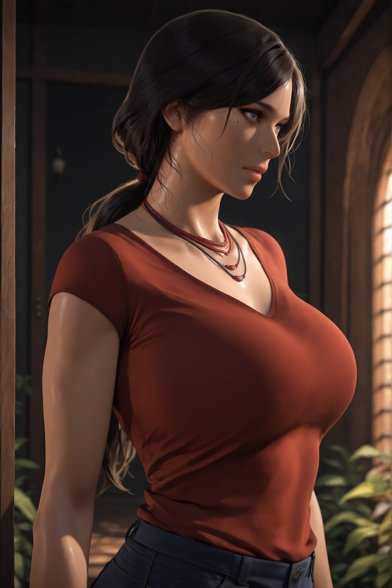 jeans, mole, blurry background, dusky skin, ponytail, breasts, sexy, necklace, face focused, detailed background, beautiful woman, upper body, xchloex, black hair, long hair, low ponytail, grey eyes, dark-skinned female, black eyeliner, realistic, multiple necklaces, red shirt, jeans, boots, focus on the face, detailed background, beautiful woman, upper body, 1 girl, solo, detailed eyes, big breasts, fit girl, (best quality, 4k, 8k, high resolution, masterpiece: 1.2). The girl is standing in a pristine jungle near a path, and the bright sun beautifully illuminates the lush foliage. ultra-detailed, the girl is looking at the viewer, beautiful detailed lips, detailed face, complex details, warm lighting, soft colors, delicate skin, detailed background. masterpiece, best quality, bright, very aesthetic, high contrast, semi-realistic, latest, perfect shadows, correct lighting.