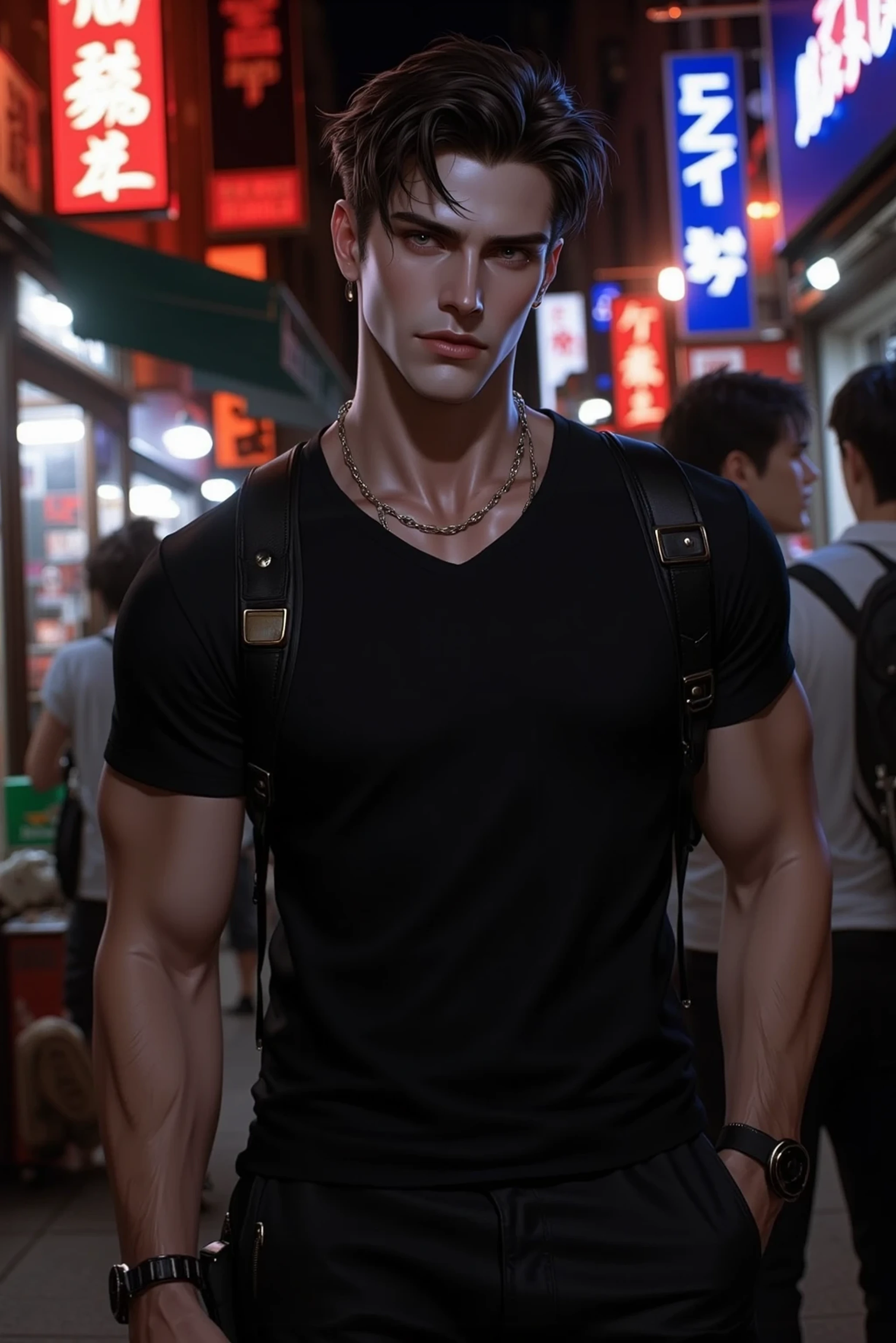 A handsome male bodyguard off duty, 34 years old, deep German-American facial features, steel blue-gray eyes with subtle warmth, dark brown tousled hair, light beard shadow, athletic build with strong arms and broad shoulders, wearing black T-shirt and dark cargo pants, leather wristband, casual but exudes danger, faint smirk with wolf-like charm, subtle flirtatious glint in eyes, standing in a dimly lit alley in Taipei, night market neon glow reflecting on his face, realistic style, high detail, cinematic --v 5 --ar 2:3 --style photo-real --lighting moody --emotion: aloof+protective --texture grainy with visible scars
