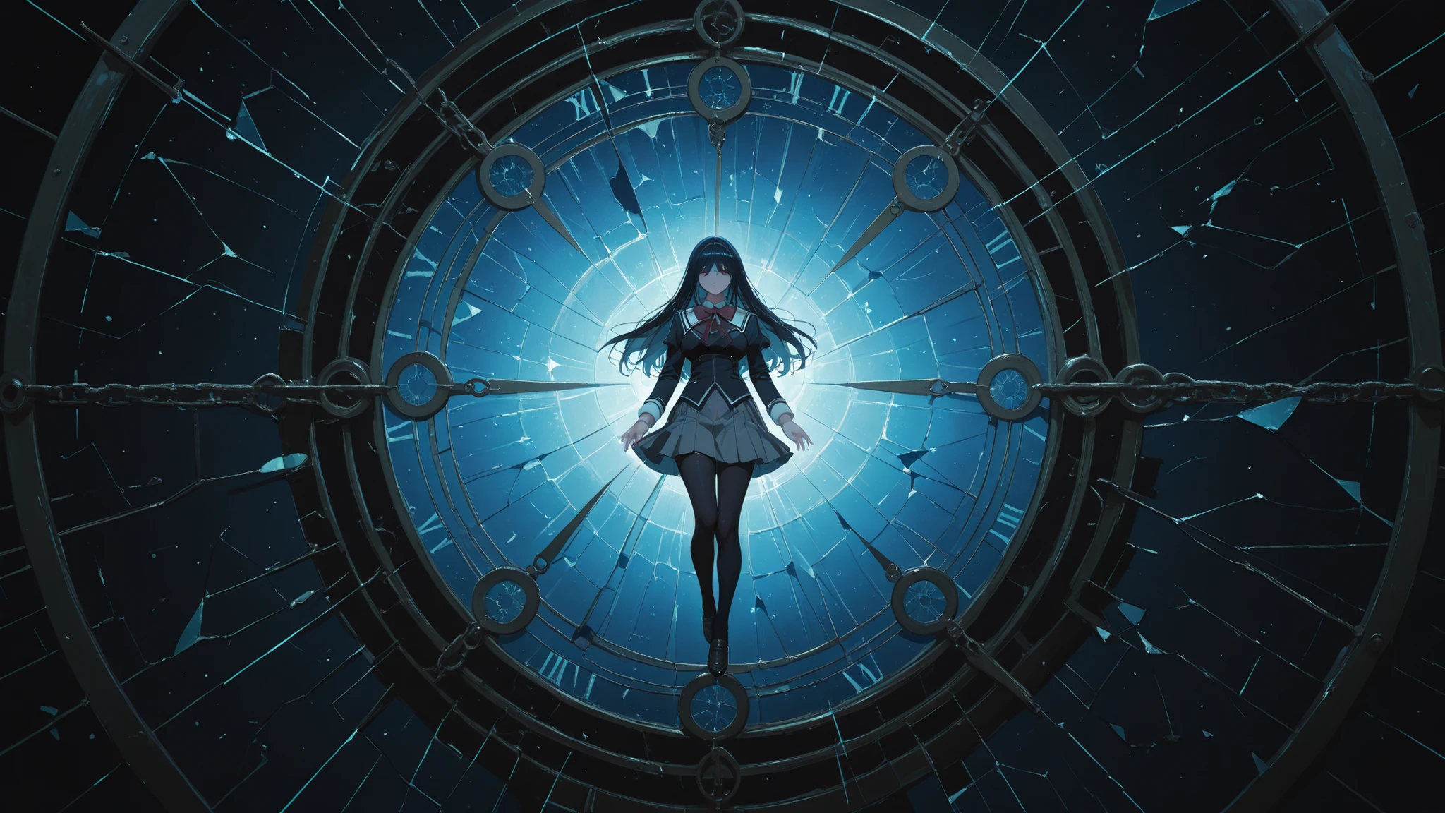 a surreal and terrifying final form of the witch of swings, inspired by Puella Magi Madoka Magica, the witch is no longer human-shaped but a massive pendulum structure swinging across a collapsing dreamscape, her core is a tattered school uniform with a 's ribbon fluttering at its center, suspended like a cursed charm, shattered playground equipment and burning photographs orbit her in chaotic motion, familiars now resemble clockwork dolls with fractured faces, the background is a storm of time loops, broken swings spinning in the void, the sky fractured into panels of different hoods, apocalyptic magical horror, abstract anime-style, ultra detailed, masterpiece