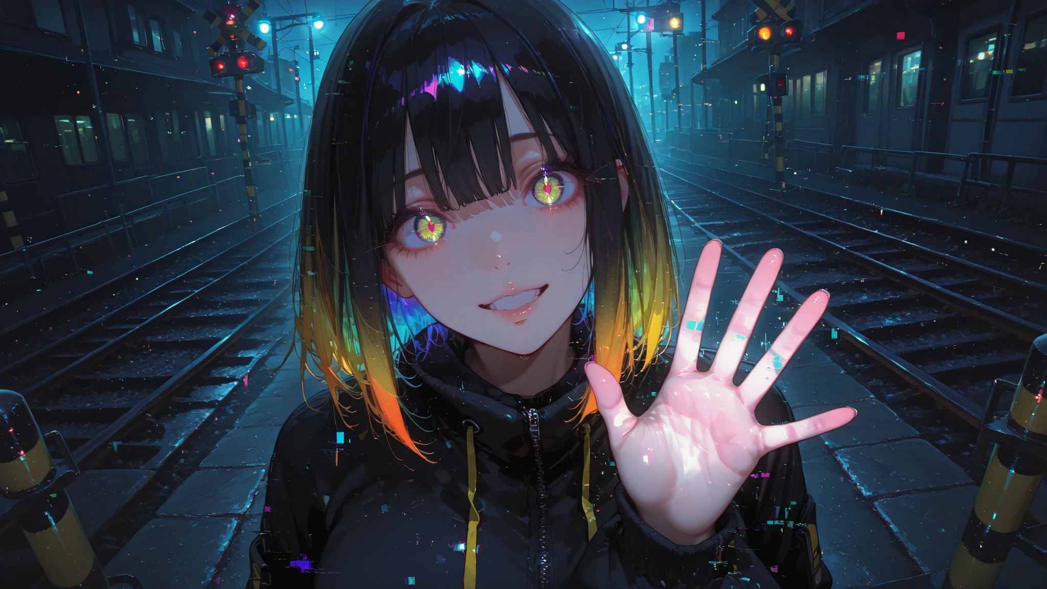 1girl,street lights, neon-color black light, tilt dutch angle,,fisheye-lens, (glitchy noise), waving hand big bye-bye,(multicolor glitch,glitch,neon), overly detailed pupils,glowing,chromatic aberration,railroad crossing,distorted, glitchy noisy train,dynamic angle