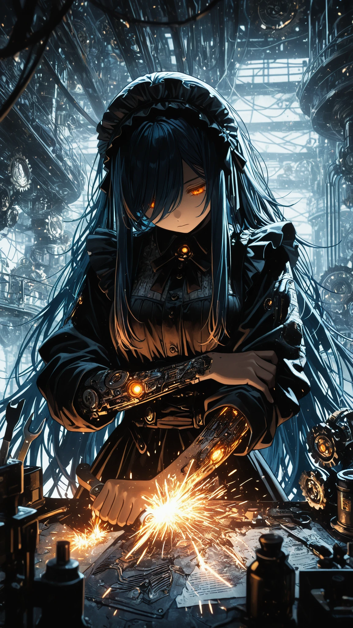 (masterpiece:1.2, Best Quality), C7b3rp0nkStyle, ((very long bangs, hidden face, face hidden by hair)), head tilt, looking up, beautiful face, long sidelocks framing face, long swept bangs, dark blue hair, messy hair, braid, orange eyes, glowing eyes, ((holding tools, sparks)) ((repairing own arm, looking down, placing tool against arm)), futuristic, factory, delicate mechanical features, exposed circuitry, damaged gears scattered, expressionless, intricate steampunk details, maid outfit, frilly headdress, mechanical parts clockwork scattered ground, watercolor and ink, rough texture, sketchy outlines, organic lines, hatching and cross-hatching, paper texture, analog art style with visible brush strokes and line work.