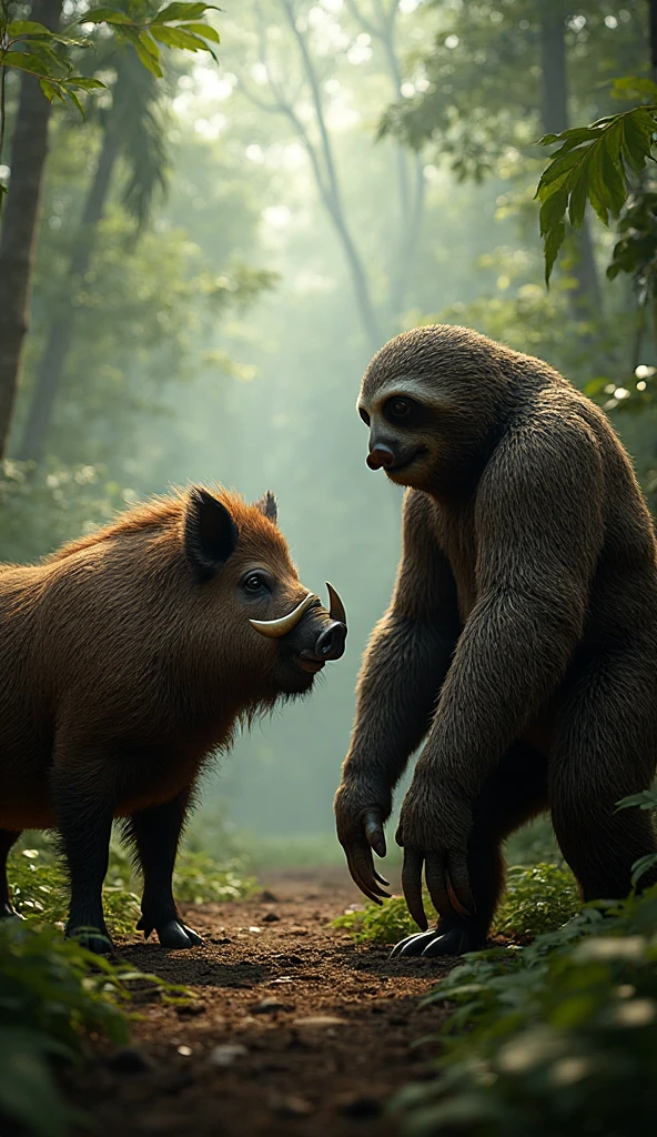 Large, strong human-type boar stepping on the head of a goblin (with the organs outside and a lot of blood) 