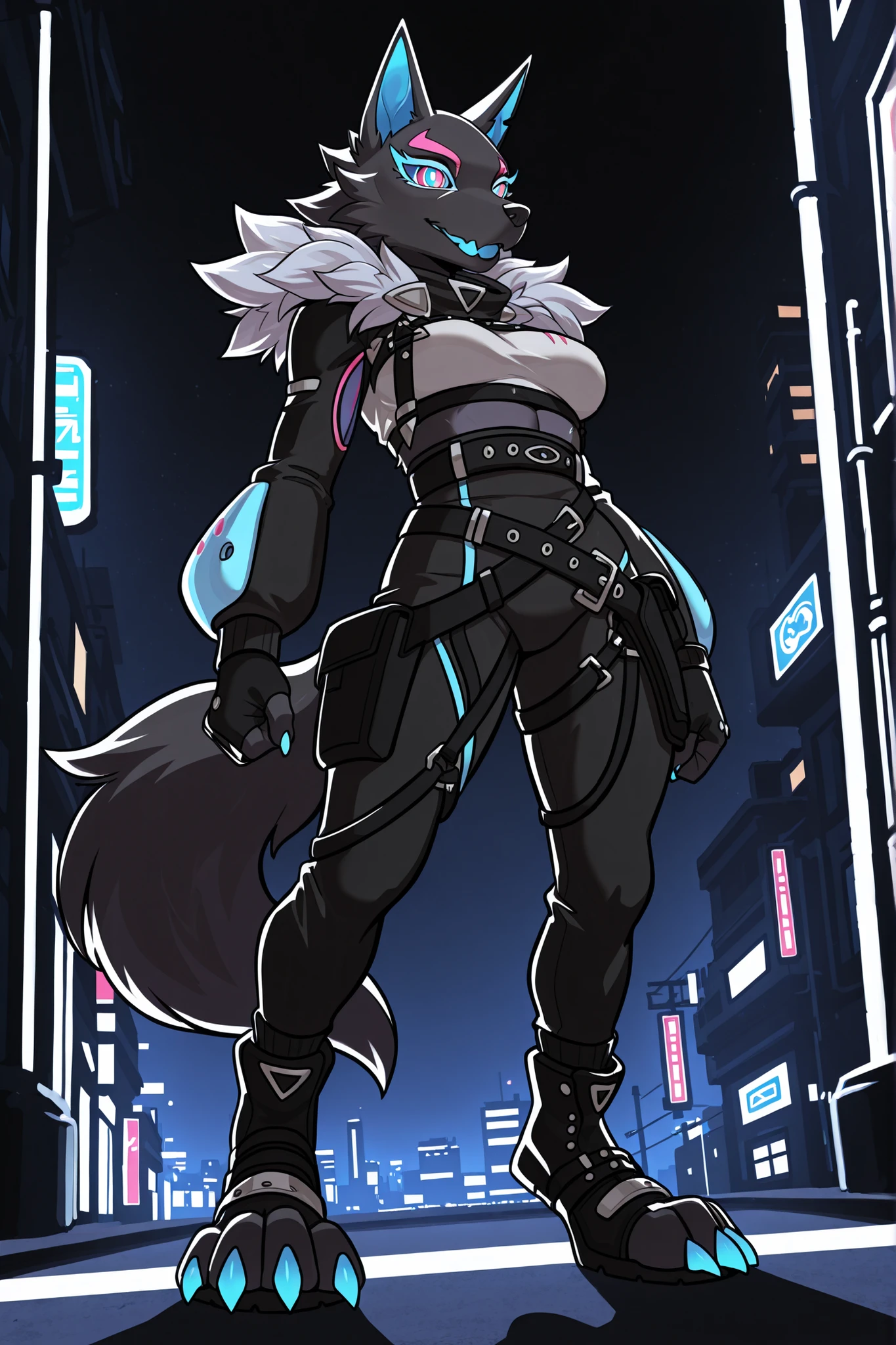 (solo), masterpiece, best quality, clean line art, highres, extremely detailed eyes, perfect eyes, detailed line art, intricate details, ultra-detailed, sharp focus, perfect, full body picture, centered, 1girl, highwire_pack_leader_illust, fur_trim_(clothing), clothing, black_fur, streetwear, techwear, clothed, belt, furry, anthro, (digitigrade legs), digitigrade feet, digitigrade boots, wolf tail, clawed boots, blue claws, boots with straps, (four claws on feet), , in neon city, at night, dark background, standing pose,