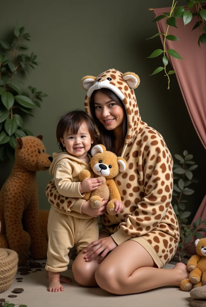 the beautiful,slender thin and prettiest Malaysian muslimah adult girl with beautiful cheeks wears white colour leopard print lycra turtleneck unitard catsuit covered with black seamless spots and always wear white leopard colour print lycra elastane stretchy dance wear hijab covered with white leopard seamless spots.She hugs her  Chinese son.