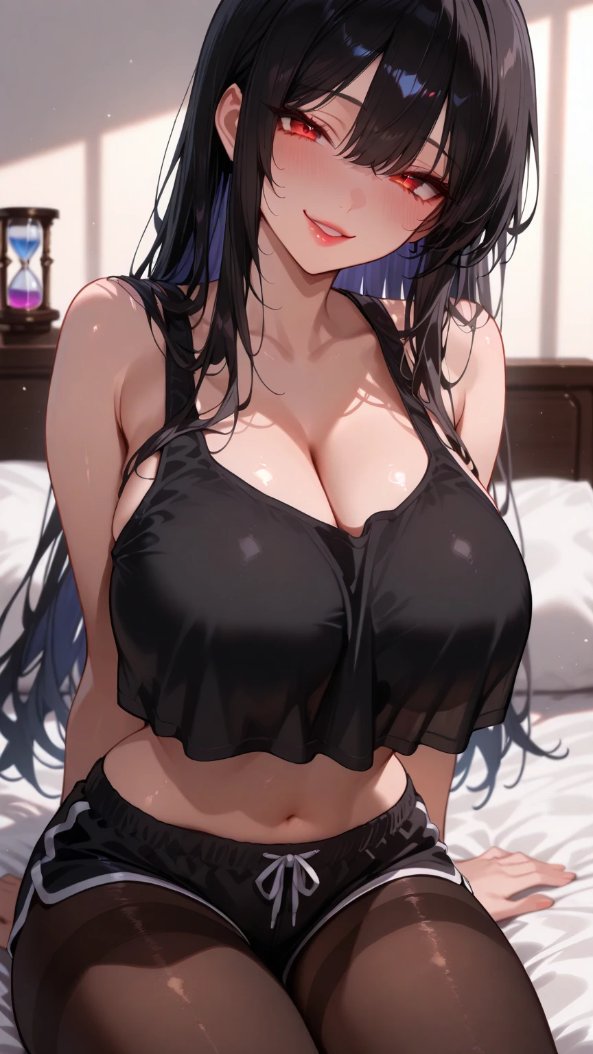 dark brown ponytail, tank top, panties, sitting on bed, busty, cleavage, blushing:1.2