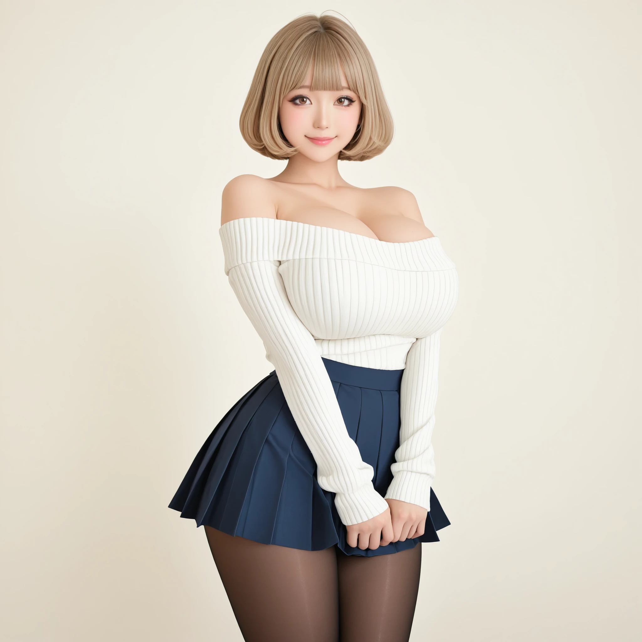 masterpiece, ultra-HD, impressionism, high detail, best quality, very aesthetic, 8K, best quality, beautiful, ultra-high resolution, 32K UHD, sharp focus, realistic, photorealistic, asian, 18 years old, 1girl, solo, light brown hair, short hair, blunt bangs, fluffy hair, bob cut, almond-shaped eyes, brown eyes, eyelashes, black eyeliner, pink lips, huge breasts, narrow waist, wide hips, thick thighs, shapely legs, slim, white ribbed off-shoulder baggy sweater, cleavage, blue pleated skirt, black pantyhose, blushed, shy, smile, cute, hands on lap, standing, looking at viewer, simple background, front view