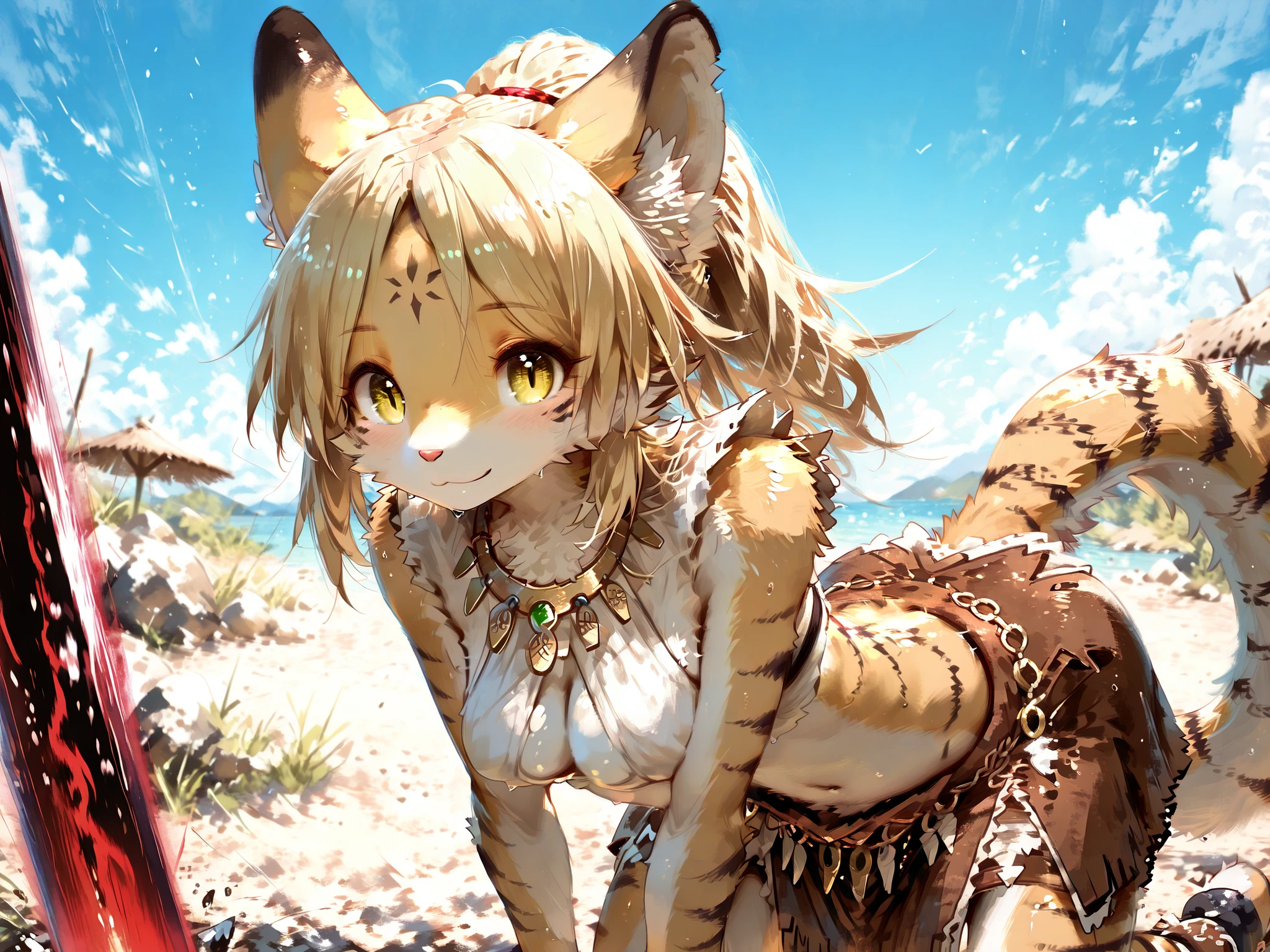 perfect face, focus girl, ((focus face)), parfect eyes, solo, (masterpiece, detailed:1.2), highest quality, Ultra High Quality, 64k, Beautiful and delicate anthropomorphic girl, Incredibly detailed and intricate, (furry:1.6), Braidded wolf hair, mid-parted bangs,  cute yelow eyes, smile, cute face,  eye lasher, thin, 20 yo, medium breast, Long sideburns, tiger tail, tiger ear, tribe costume, barbarian outfit ((barbarian skirt)), white outfit with gold detail, Navel exposed, leaning forward, aiming viewer, ((all fours)), arched back, reaching,
BREAK,
cowboy shot, sharp focus, beautiful background, depth of field, fine atmosphere, beautiful natural lighting, perspective, (detailed lighting), rim lighting, ((sharp focus)), solo, residential , standing, looking viewer, 　steppe back ground, mongolia, yurt back ground, panorama, beautiful sky, 15:00, day time, from above,

