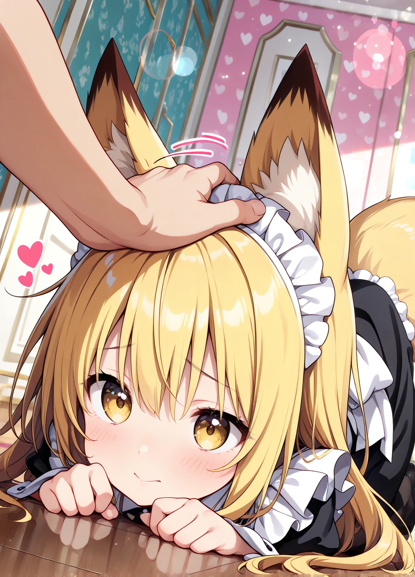 (masterpiece, top quality), (colorful),1girl, fox ears,foxtail,yellow long hair,yellow eyes, ((headpat))、(shy face)、,heart background,maid uniform , very detailed , dynamic angle, 4k,lying on the floor, (high resolution), (Anime Style,cute),blush, (Pretty) ,Lens Flare ,