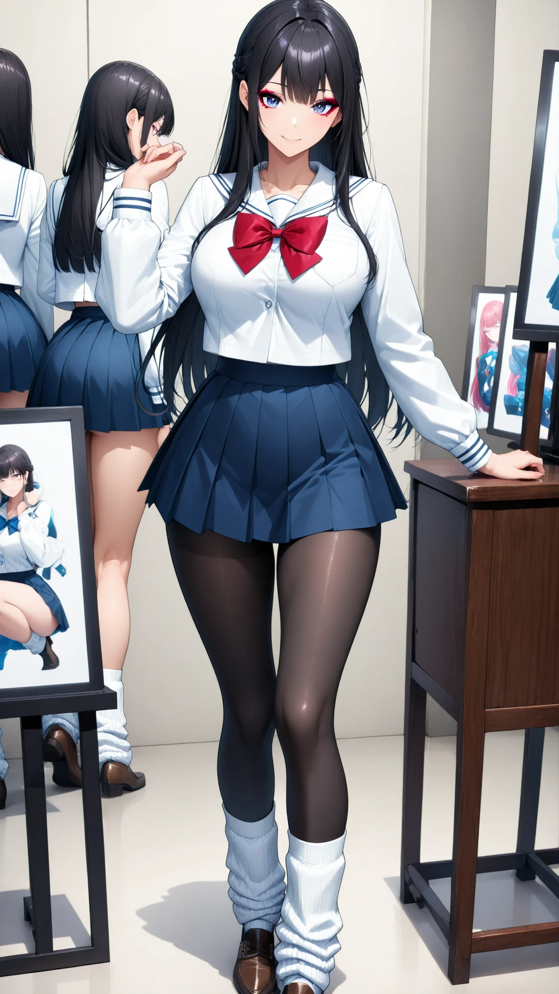 1 mature girl, beautiful face, blue eyes, red cheeks, smile, long straight hair, black hair, long bangs, seky body, colossal ????, overmany, big and droopy, big titietra, wide ????, School uniforms, mini skirt, short skirt 