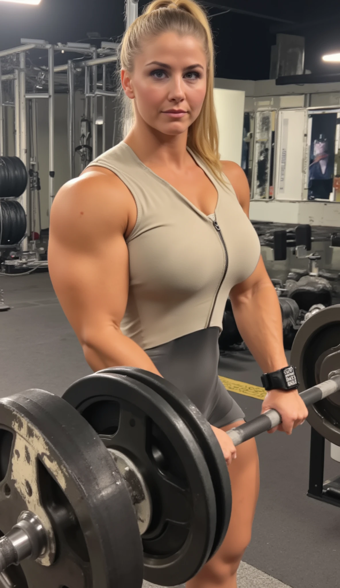 
A muscular young woman is in the middle of a powerlifting workout inside a modern gym. She has blonde hair tied in a ponytail, her face focused with determination. She wears a fitted light beige-black sleeveless bodysuit with a front zipper, highlighting her powerful physique—broad shoulders, sculpted arms, and a strong chest. On her wrist, a black smartwatch with a silver frame gleams under the lights. She grips a heavy barbell loaded with large weight plates, preparing for a deadlift. Her stance is strong and balanced, legs bent, muscles tense and defined, veins visible under her skin. Sweat glistens on her forehead, adding intensity. The gym background shows racks, plates, and mirrors, with cinematic high-definition lighting that casts dramatic shadows, emphasizing her power and discipline. The image conveys strength, motivation, and the raw energy of professional powerlifting.