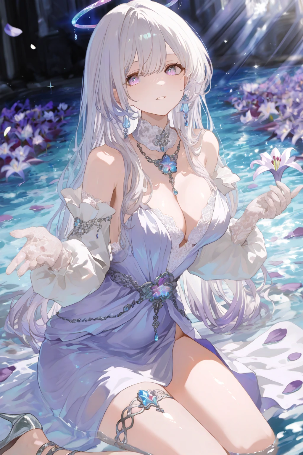 ((top quality)),(ultra high resolution),(Super detailed),(detailed description),((the most picturesque works of art),super precision art,amazing art of depiction,fantasy art:1.5, ((綺麗なおflower々:1.8)), (flowerに侵食された体:1.3),(glamorous body:1.5),fancy background effects、masterpiece、fancy details、( 1.1), ((1 female)), ((muste piece)), ((extremely detailed:1.3)), ((Beautiful woman entering the lake in crystal clear water)), ((beautiful long hair)), wet hair, wearing a , Bathing clothed, (水に浮かぶバラのflowerびら:1.5), (early morning light), ivory gold AI, windows, crepuscular lighting, (very huge )、pink 、pink ，Transparent pink 、((Transparent pure white wedding dress that shows your skin、Detailed design))、Arranged,intimate, rose garden、colorful roses、lake with floating roses、wet body、(頭にflowerの装飾)、大きなflowerいっぱい、solo, water play, flowerいっぱいの髪飾り, flower々, sky ,Pure white dress that becomes transparent when wet, shines wet with water、(muste piece),(Highly detailed CG Unity 8K wallpaper),best quality,cinematic lighting,detailed background,beautiful detailed eyes,bright pupils, (very delicate and beautiful),(Beautiful and detailed eyes),((muste piece)),(Purple eyes)