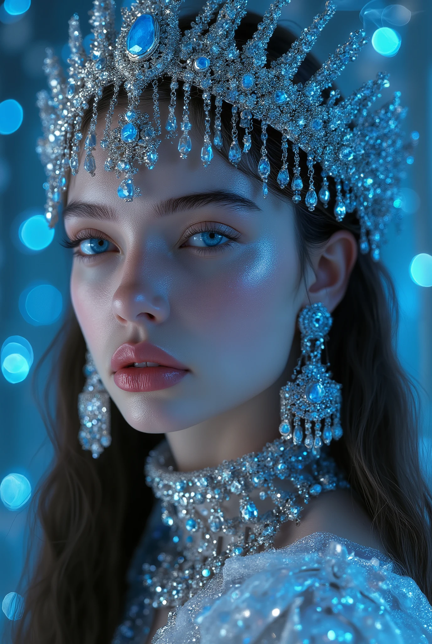 Cinematic hyper-realistic portrait of a breathtaking young woman with long straight dark brown hair, porcelain glowing skin with smooth texture, and icy sapphire blue eyes reflecting soft light. She wears an intricate silver and crystal headpiece adorned with blue gems and matching chandelier earrings. Dramatic side lighting in cool blue tones, deep shadows on one side of her face, bokeh background of glowing blue orbs, luxurious and ethereal atmosphere, ultra-detailed jewelry reflections, volumetric light, 8K quality, masterpiece, elegant fantasy royal style, by Greg Rutkowski and Alphonse Mucha, rendered with perfect facial symmetry, cinematic contrast, and soft depth of field.”