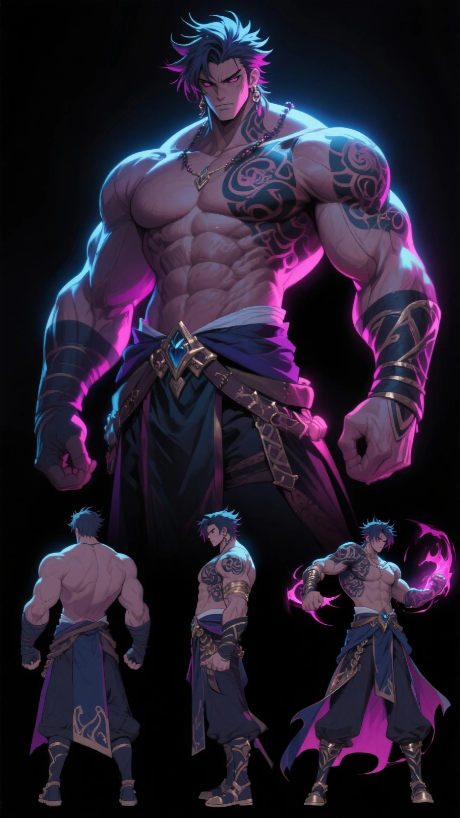 (Masterpiece, best quality), detailed, 1 man, ((character concept art)), ((character design sheet, same character, front, side, back)), full body, body complete, 1 Male, 1 Man, Detailed face, character design sheet，full bodyesbian, Highly detailed, character sheet, character design, Many parts, dark skin, angel wings, long ponytail purple hair, angel outfit, muscle male god, male clothes, masculine, muscle man, male muscle, manly, male angel, Muscle male with purple ponytail long hair，beautiful man, abs, pectoral muscle