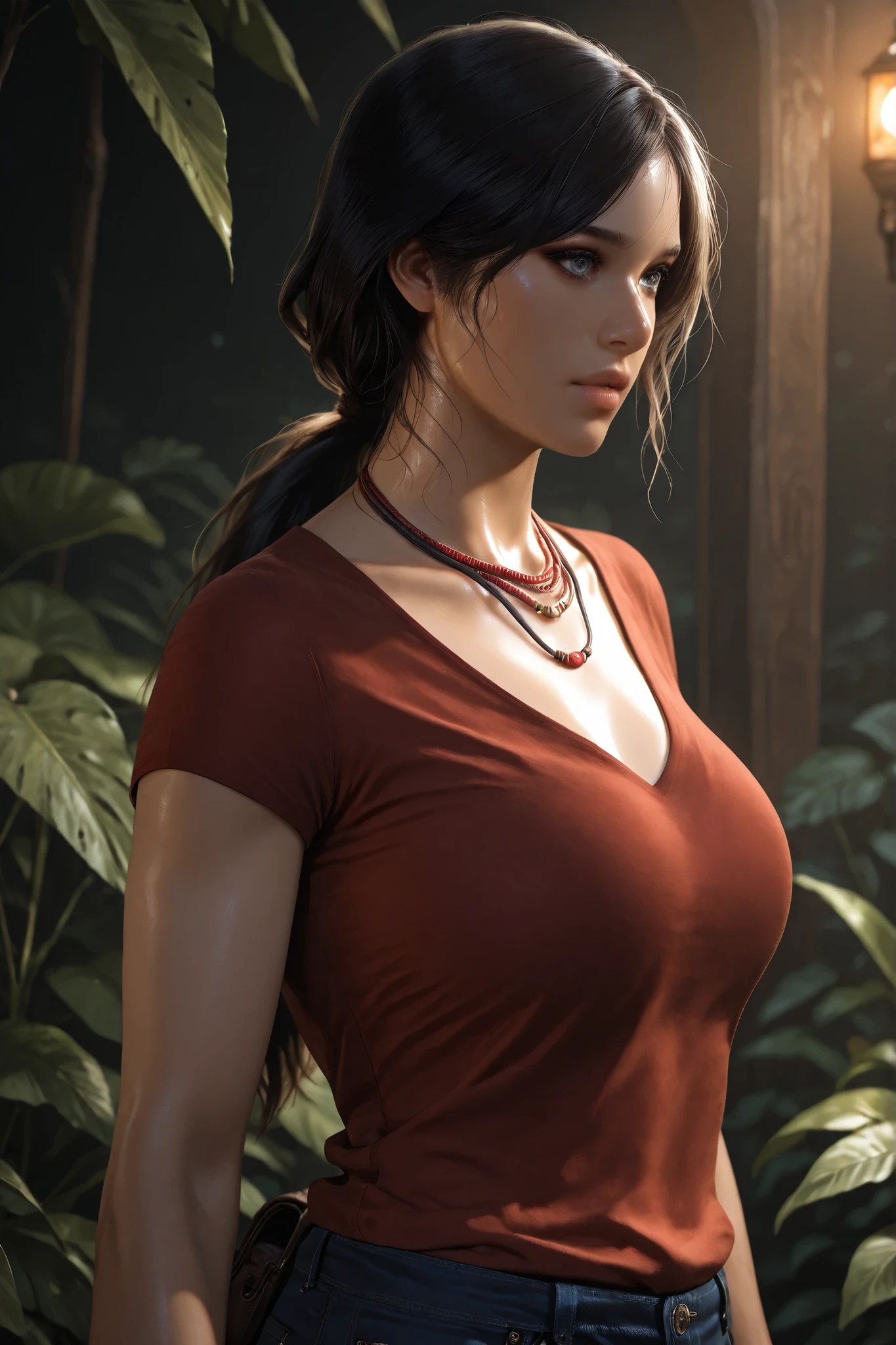 xchloex, black hair, long hair, low ponytail, grey eyes, dark-skinned female, black eyeliner, realistic, multiple necklaces, red shirt, jeans, boots, focus on the face, detailed background, beautiful woman, upper body, 1 girl, solo, detailed eyes, big breasts, fit girl, (best quality, 4k, 8k, high resolution, masterpiece: 1.2). The girl is standing in a pristine jungle near a path, and the bright sun beautifully illuminates the lush foliage. ultra-detailed, the girl is looking at the viewer, beautiful detailed lips, detailed face, complex details, warm lighting, soft colors, delicate skin, detailed background. masterpiece, best quality, bright, very aesthetic, high contrast, semi-realistic, latest, perfect shadows, correct lighting.