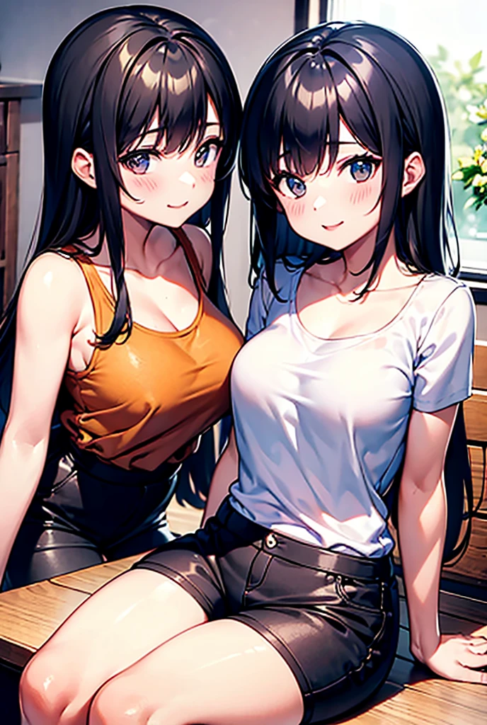 realistic, 2girls, ((selfie)), body close together, looking up, cleavage emphasis, cleavage enhancement, mouth wide open, smiling, face extra large zoom, sitting on bed, , ( shoulders), (covered ), (camisole), (lace-trimmed), (shorts), (dolphin shorts)
