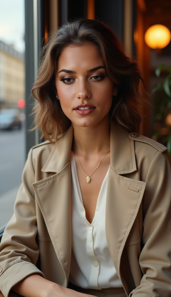 “Ultra-realistic portrait of a stylish young French woman, same face and hairstyle as reference (Mira Rose), sitting in a softly lit Parisian café by the window. She’s wearing a chic beige trench coat over a white silk blouse, minimal gold jewelry, and subtle makeup with a natural glow. Her hair is softly curled and draped over her shoulders. Warm golden-hour lighting, blurred street reflections outside, soft cinematic bokeh, elegant and calm expression as if speaking to the camera. Instagram influencer aesthetic, ultra-realistic 9:16 vertical composition.”