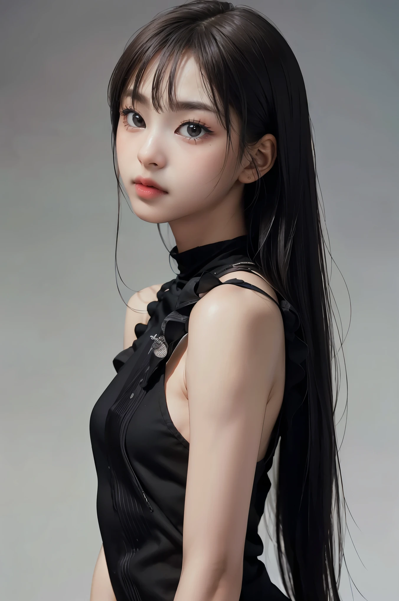 Best quality, masterpiece, ultra high res, (photorealistic:1.4), raw photo,1girl, solo, realistic, looking at viewer, upper body,simple gray background, black dress,