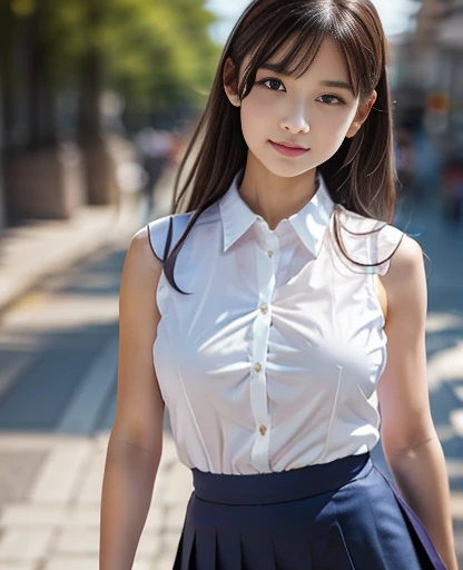(smile)、Cute Girl、fun、(((smile)))、high school girl、((Schoolgirl uniform))、(The eyes are light brown)、(((Droopy eyes))),Ultra-realistic、photograph、(((Pedestrian precinct)))、Short skirt、 The face is very beautiful、Clear eyes、(((Eyes with big eyes)))、Pedestrian precinct、intersection、Japanese girls' high 、 bench、Dark blue pretz skirt、Large bust、((Sexy young woman's body:1.4))、