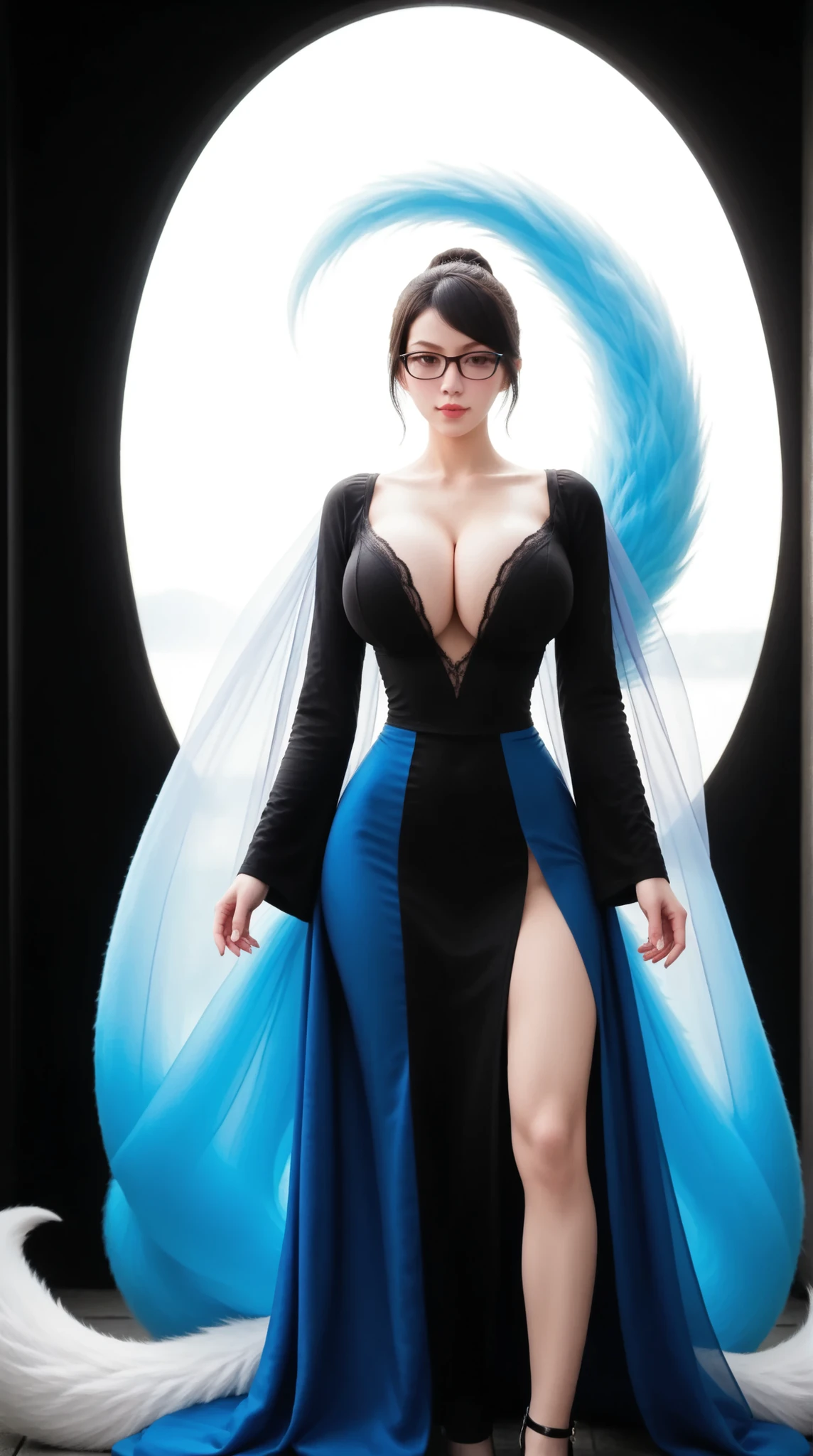 Full body Photo, full-length portrait of extremely perfect quality, front view, head-on view, front view, Standing straight, Facing front, well-lit face, slim heart-shaped face, extremely detailed body details, very perfect eyes, ultra realistic eyes, Two-colored eyes, Heterochromia iridis eyes, surreal, 1 girl, nine-tailed fox girl, Girl White hair, side-swept bangs, Angled bangs, Red and white highlights hair, Ahri, (Ahri (League of Legends)), girl in an alluring pose, 1.6 meters tall girl, 2 arms hanging down, looking straight ahead, Balanced face with a slim pointed chin, " sharp, slender chin ", Heart-shaped lips, Perfectly symmetrical lips, slim lips, Smirk, Not blindfolded, Super detailed face, super detailed body, Standing posture always facing forward facing the frame, don't turn your body to the right and left, Wearing black glasses, legs spread wide, Close mouth, Venus body, huge  breasts, Gigantic Breasts, huge butt, Gigantic  Ass, bubble butt, Gigantic Thigh, super small waist, sagging breasts, Extremely detailed super large slanted eyes with thick eyelids, long eyelid tail, Huge double eyelids, "Create big, beautiful, and captivating eyes" , High slim nose, slim nose bridge, small slim nose wings, smaller nasal septum, fine nose, Narrow nostrils, Thin wings of the nose, slim nose wing, high nose tip, hourglass figure, Anatomically correct body details, sexy bare legs, Full body front view portrait of An alluring girl with glasses, wearing a white one-piece wedding dress with sheer floral lace and Delicate lace underwear, that shows off her alluring Belly and large breasts with deep cleavage, huge sexy thighs, huge breasts, deep cleavage, " The girl experiencing a surge of pleasure and arousal, with the fluid from her vulva splashing outside ", No vaginal discharge sticking to the chest, Nature background or indoor background or Post-apocalyptic background or monochrome background.