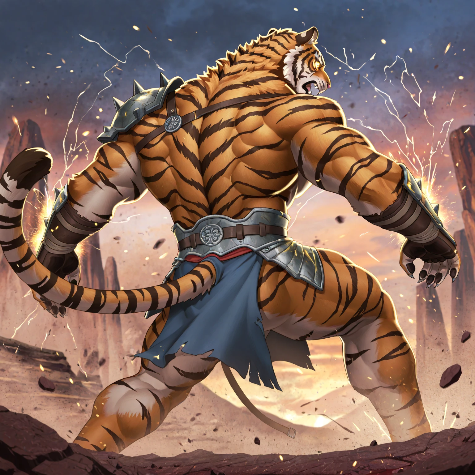 masterpiece, best quality, 8k resolution, Very detailed, hairy，tiger，((red hair))，muscle，Strong，超大muscle，((Sweating))，(((Purple Eyes)))，For the audience，(((Ancient times)))，portrait，(((Shirtless)))，(Highest quality scene)，(((crotch cloth)))，(((grassland)))，(((Vigilant)))，(((Hip bulge)))，(((Ultra clear eyes))，(((long fangs)))，((Solitary))，((whole body))，(((Sunlight)))，(((fighting stance)))，((Mature))，(((Uncle)))，(((Orange fur)))