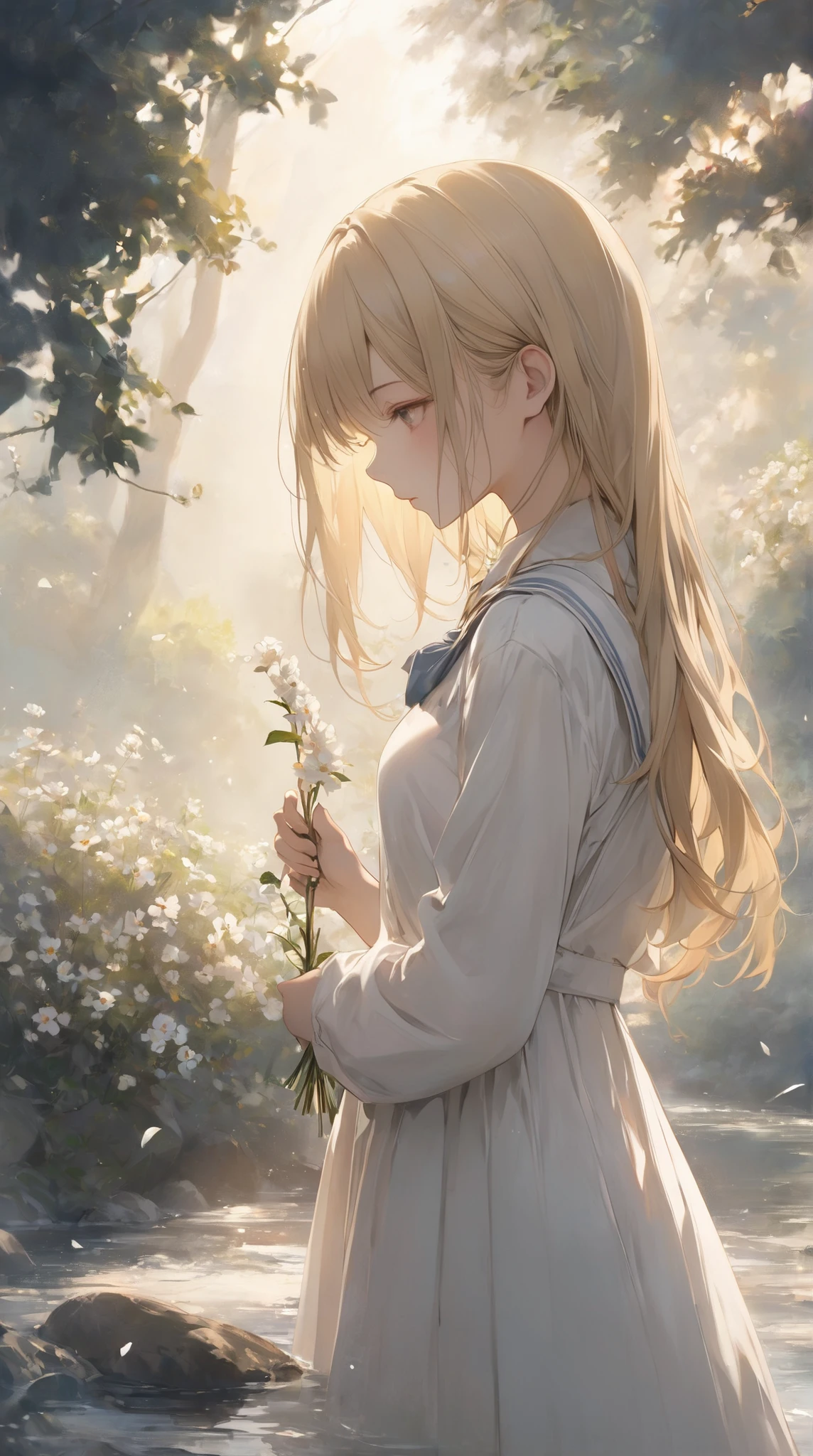 1 girl under school uniform、The girl is holding a small white flower、The girl has an ephemeral expression、Transience、The girl has long blond hair、morning日が綺麗な早morning、morning、Beautiful stream、The overall background、Staring at small flowers、Clothes are white dresses、Mysterious、fantastic、side view