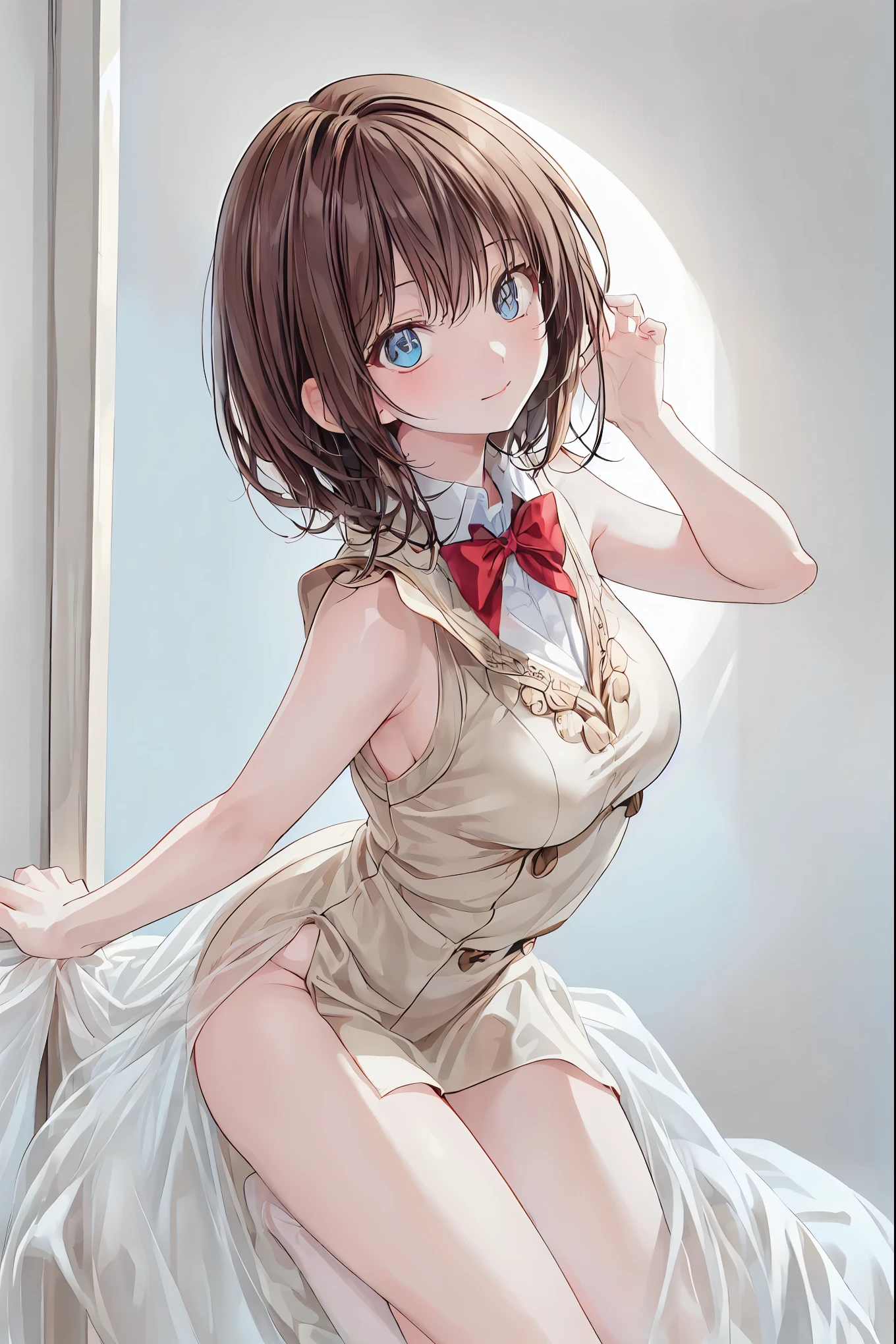 in a high school classroom, Female Teacher,(((教壇の前に立つ Female Teacher))),the student's back is an adult,Beautiful Legs Glancing at Students,(((black stockings))),Cold look,Testing Students' Abstinence,brown hair,Whiteboard in the background,shortcut,unkempt hair,Short braided hair,Neat,slender beauty,correct posture,small breasted,Beautiful legs,their enchanting gray-blue eyes shine like stars,Saggy Eyes,Brilliant Colors,beautiful eyes,A delicate smile,Textured Skin,best quality,gentle and beautiful woman,anime style、Mysterious Atmosphere,4K High Resolution,Realistic,portrait,Dark color , bright red ,Eyes That Seem to Be Sucked In,Picturesque,Immersive luster,Photo Real,professional quality