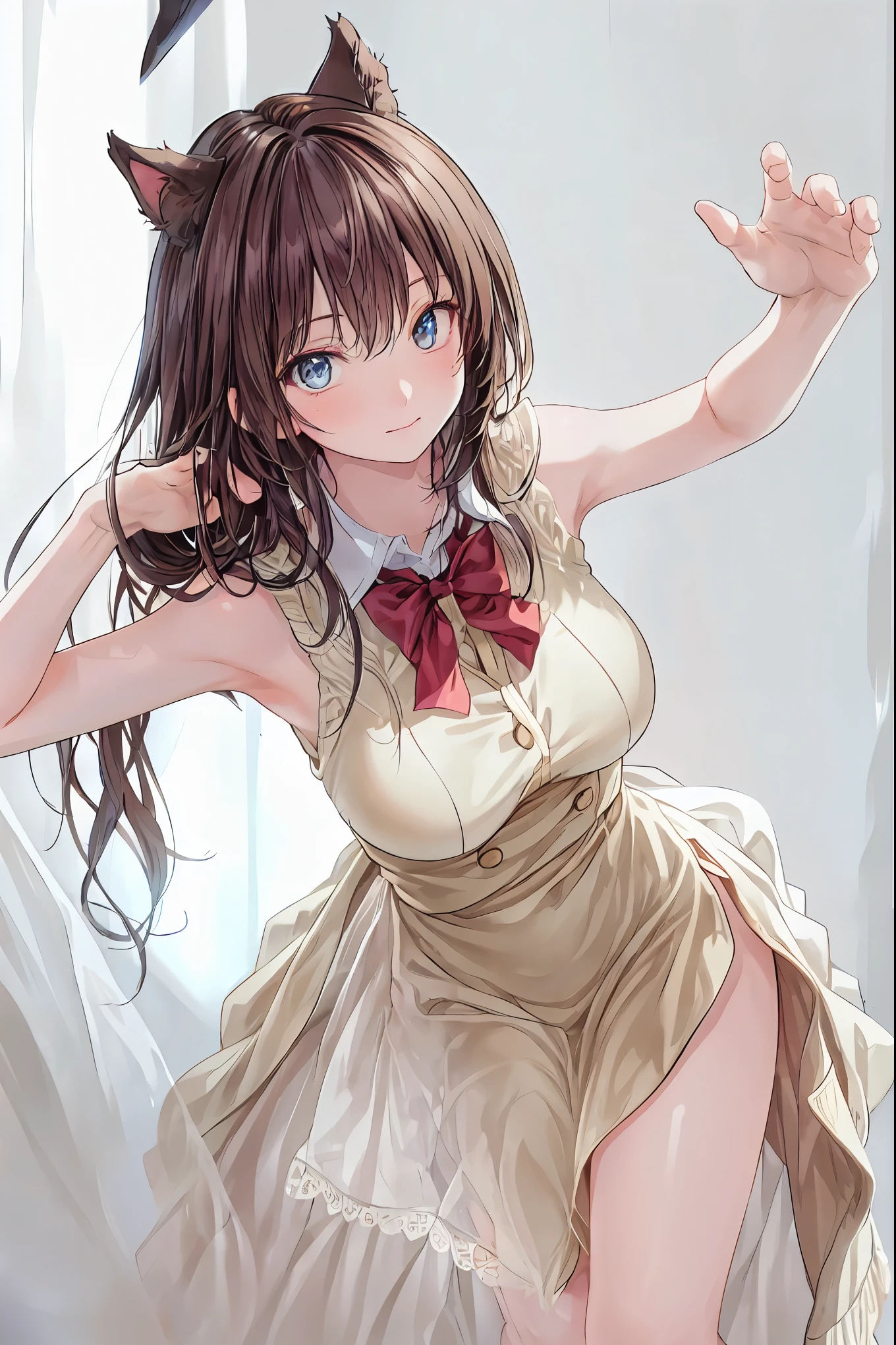 in a high school classroom, Female Teacher,(((教壇の前に立つ Female Teacher))),the student's back is an adult,Beautiful Legs Glancing at Students,(((black stockings))),Cold look,Testing Students' Abstinence,brown hair,Whiteboard in the background,shortcut,unkempt hair,Short braided hair,Neat,slender beauty,correct posture,small breasted,Beautiful legs,their enchanting gray-blue eyes shine like stars,Saggy Eyes,Brilliant Colors,beautiful eyes,A delicate smile,Textured Skin,best quality,gentle and beautiful woman,anime style、Mysterious Atmosphere,4K High Resolution,Realistic,portrait,Dark color , bright red ,Eyes That Seem to Be Sucked In,Picturesque,Immersive luster,Photo Real,professional quality