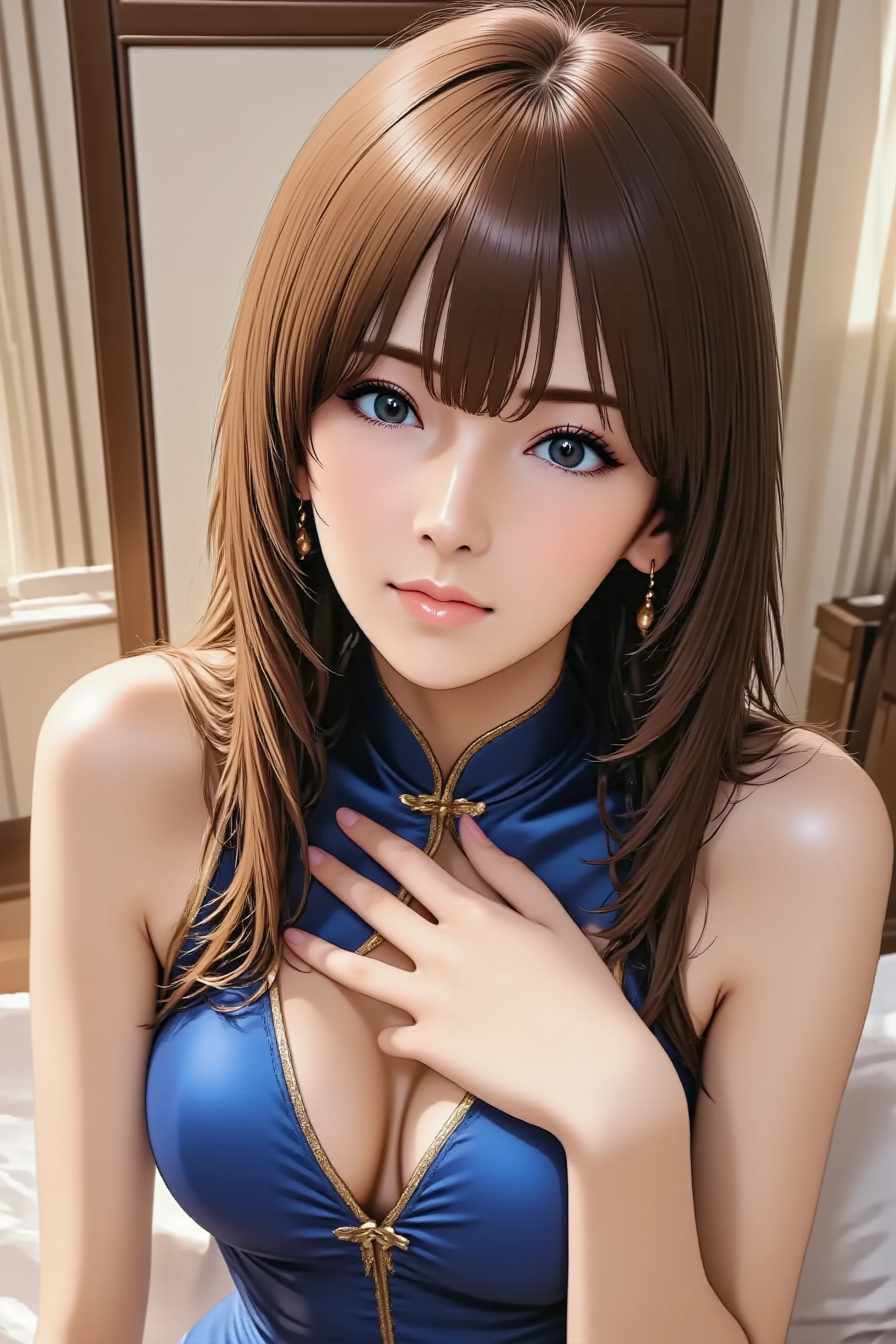 1girl, head back, arched back, hand on own chest, long hair, silky straight hair, heavy makeup, red lips, facing up, looking at viewer, light smile, from above, from side, Wearing blue Cheongsam, slender body, slim waist, full body
