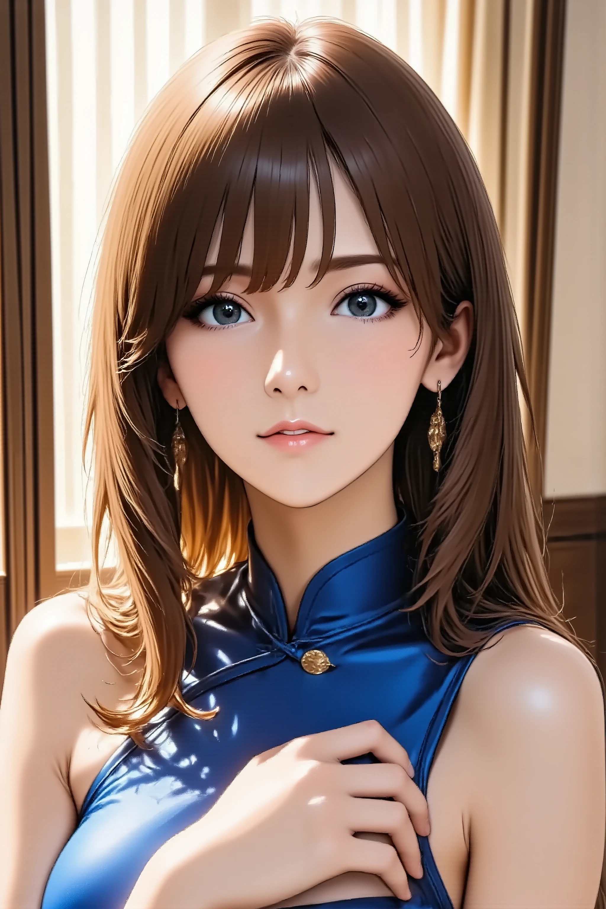 1girl, head back, arched back, hand on own chest, long hair, silky straight hair, heavy makeup, red lips, facing up, looking at viewer, light smile, from above, from side, Wearing blue Cheongsam, slender body, slim waist, full body