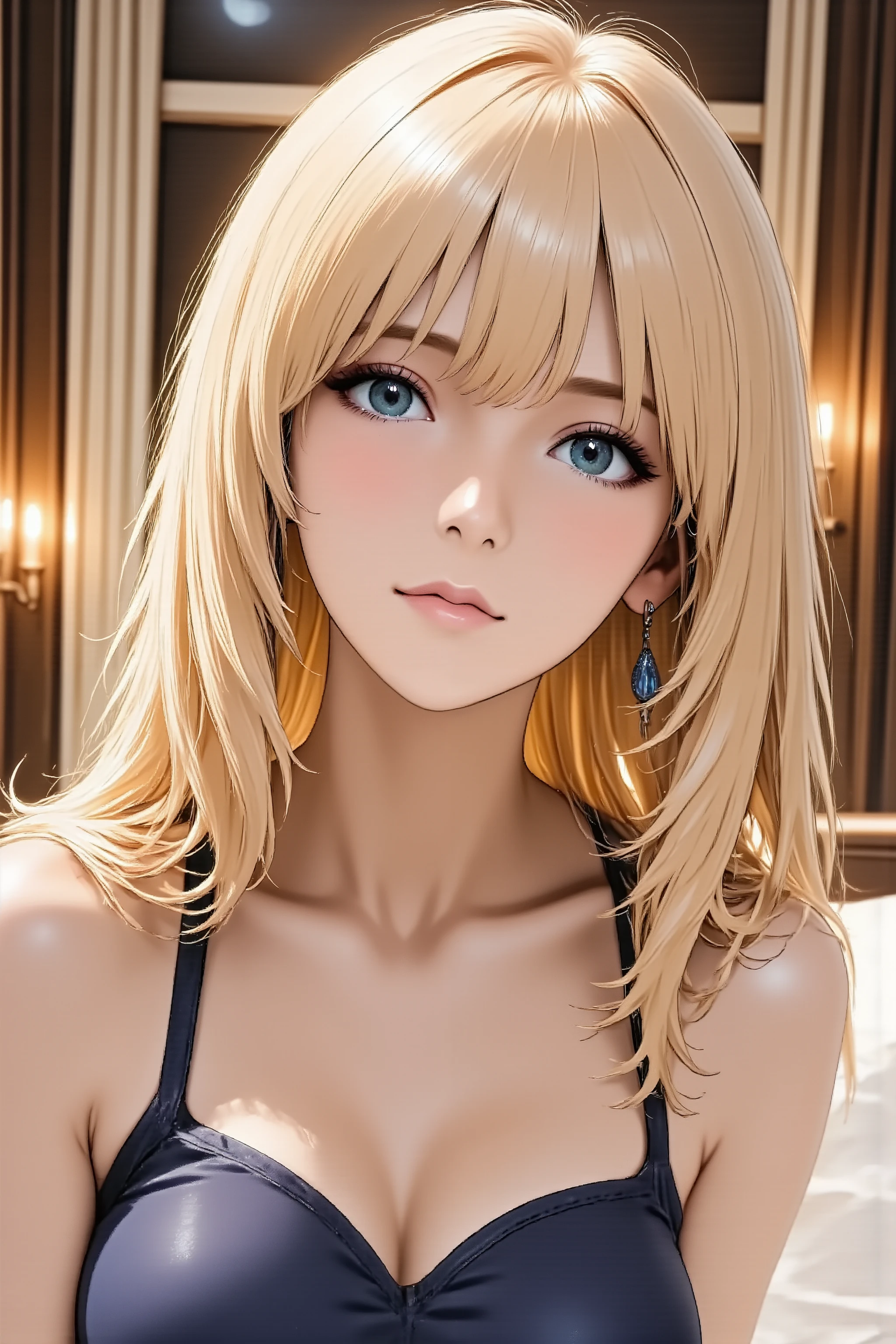 1girl, head back, arched back, long hair, silky straight hair, heavy makeup, red lips, facing up, looking at viewer, light smile, from above, from side, Artoria Pendragon's costume, slender body, slim waist, full body