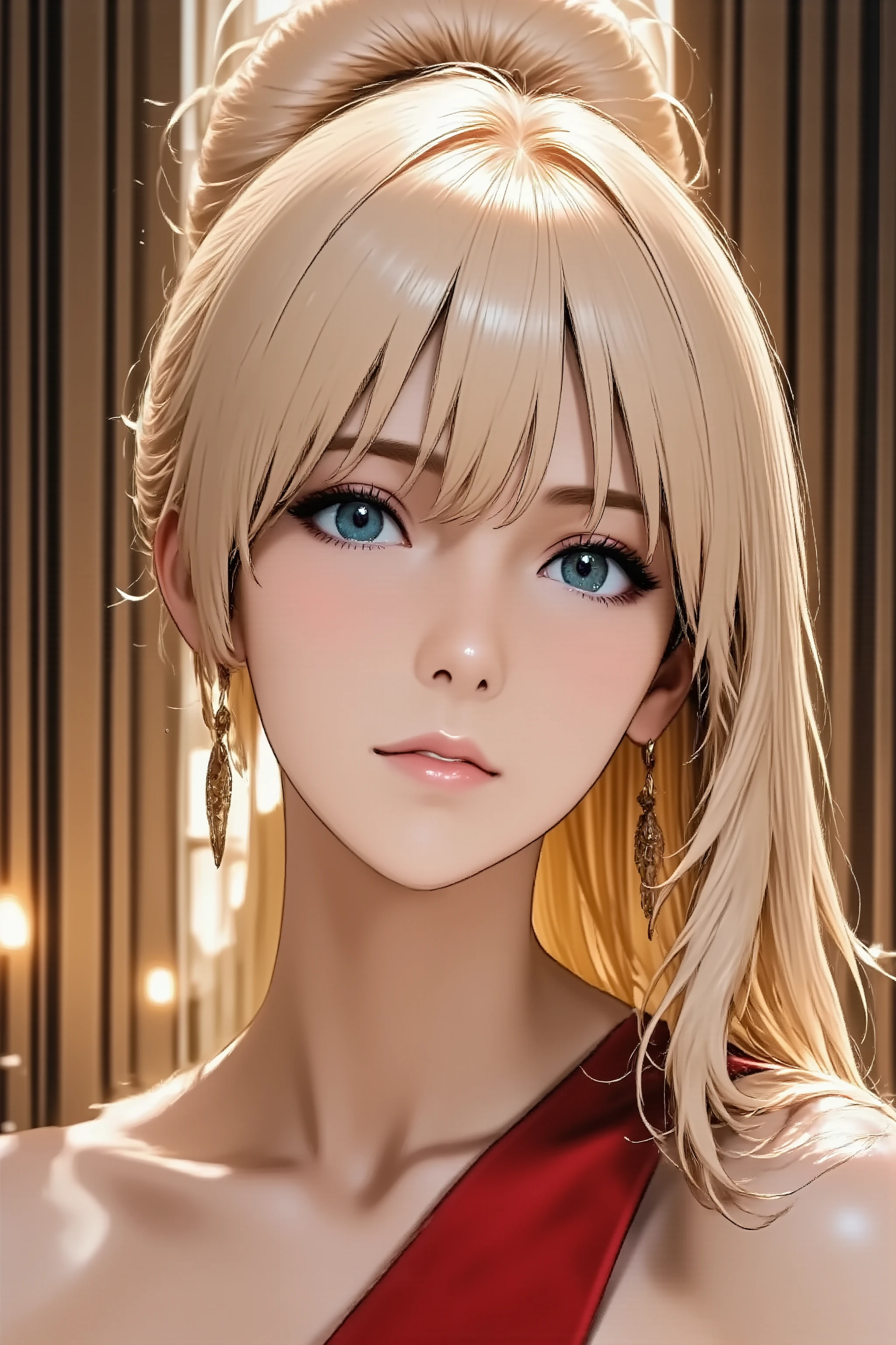 1girl, head back, arched back, long hair, silky straight hair, heavy makeup, red lips, facing up, looking at viewer, light smile, from above, from side, Artoria Pendragon's costume, slender body, slim waist, full body