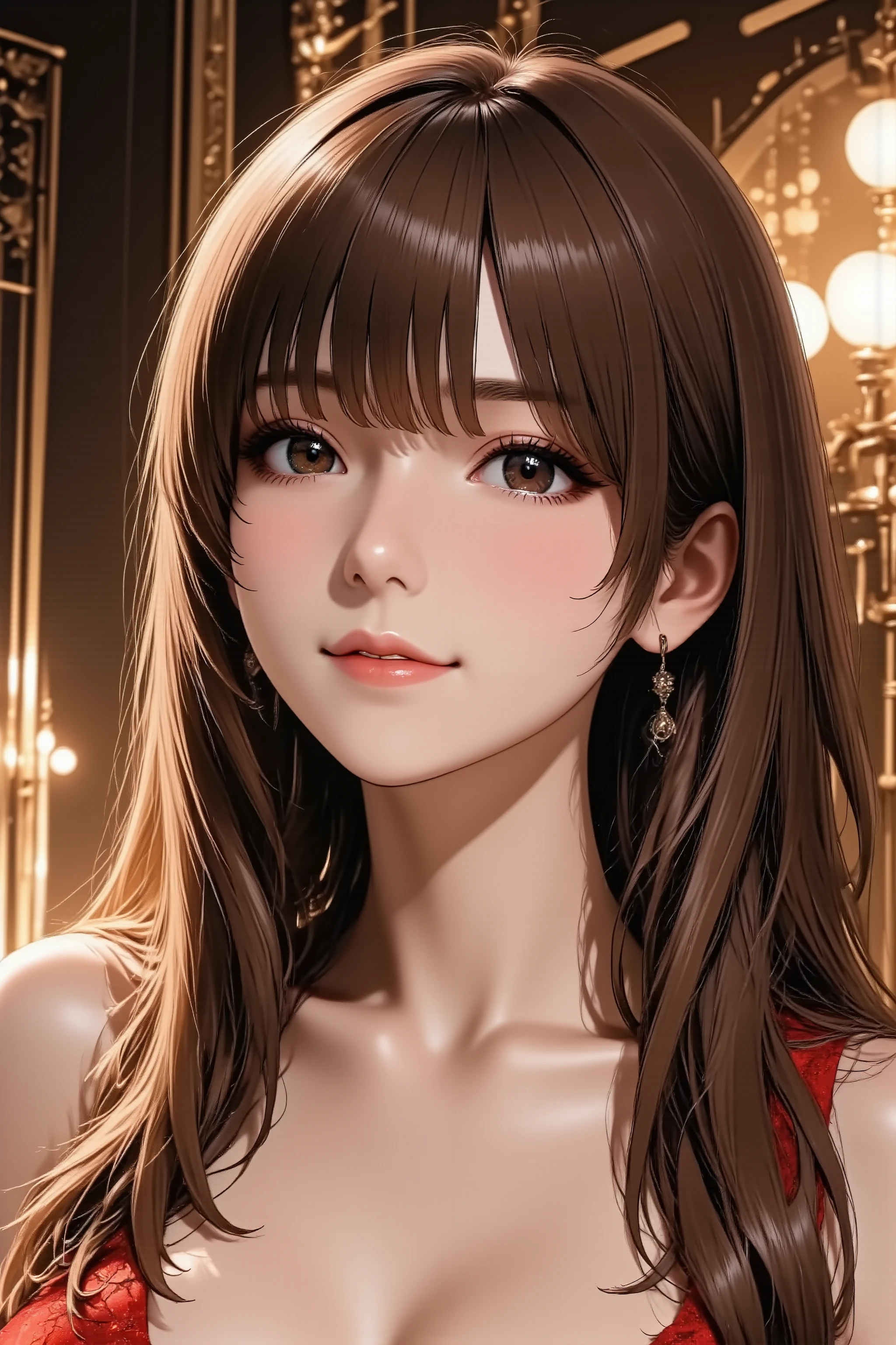 1girl, head back, arched back, long hair, silky straight hair, heavy makeup, red lips, parted lips, facing up, looking at viewer, light smile, from above, from side, slender body, slim waist, full body, glamorous cabaret girl