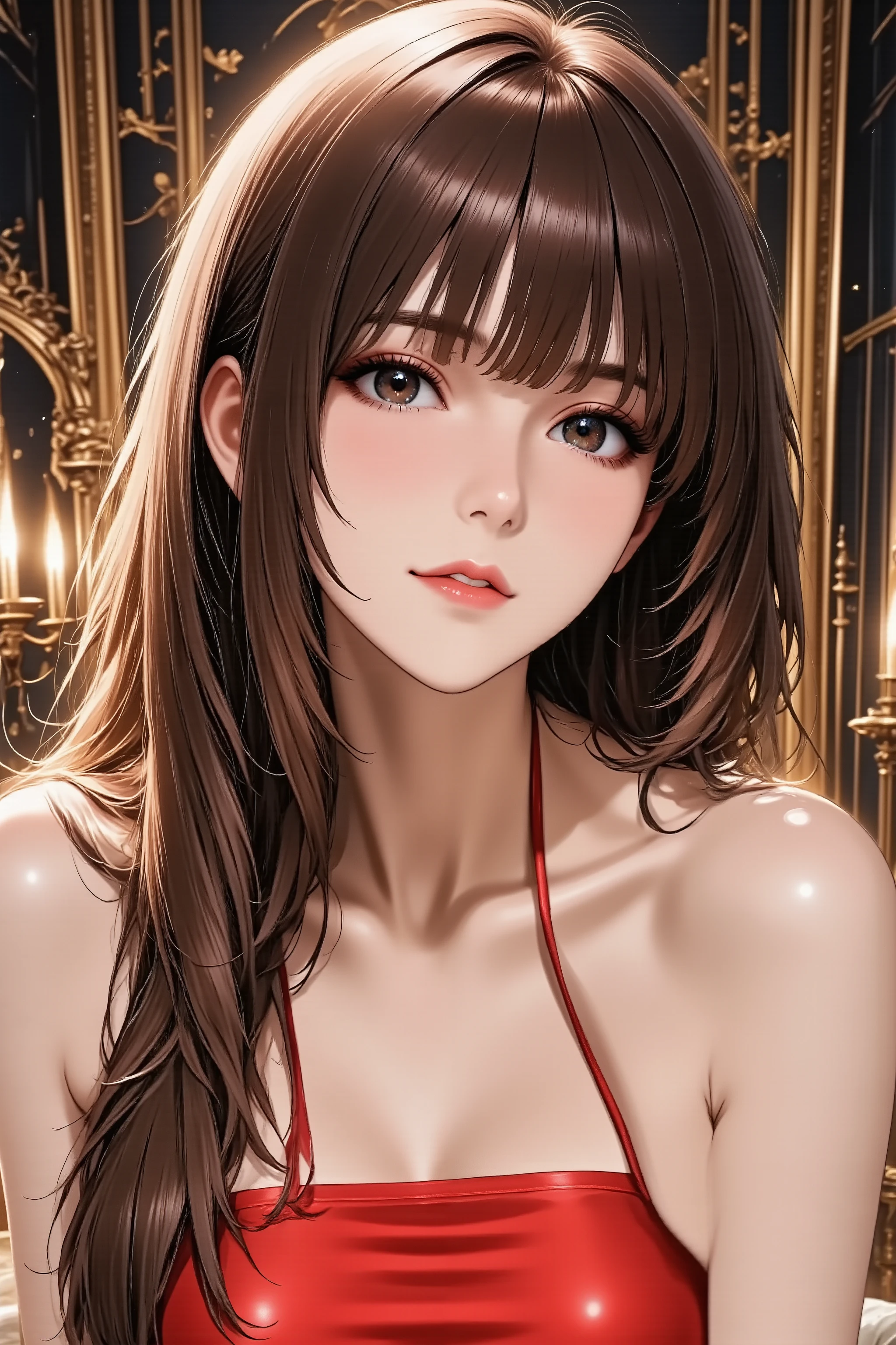 1girl, head back, arched back, long hair, silky straight hair, heavy makeup, red lips, parted lips, facing up, looking at viewer, light smile, from above, from side, slender body, slim waist, full body, glamorous cabaret girl