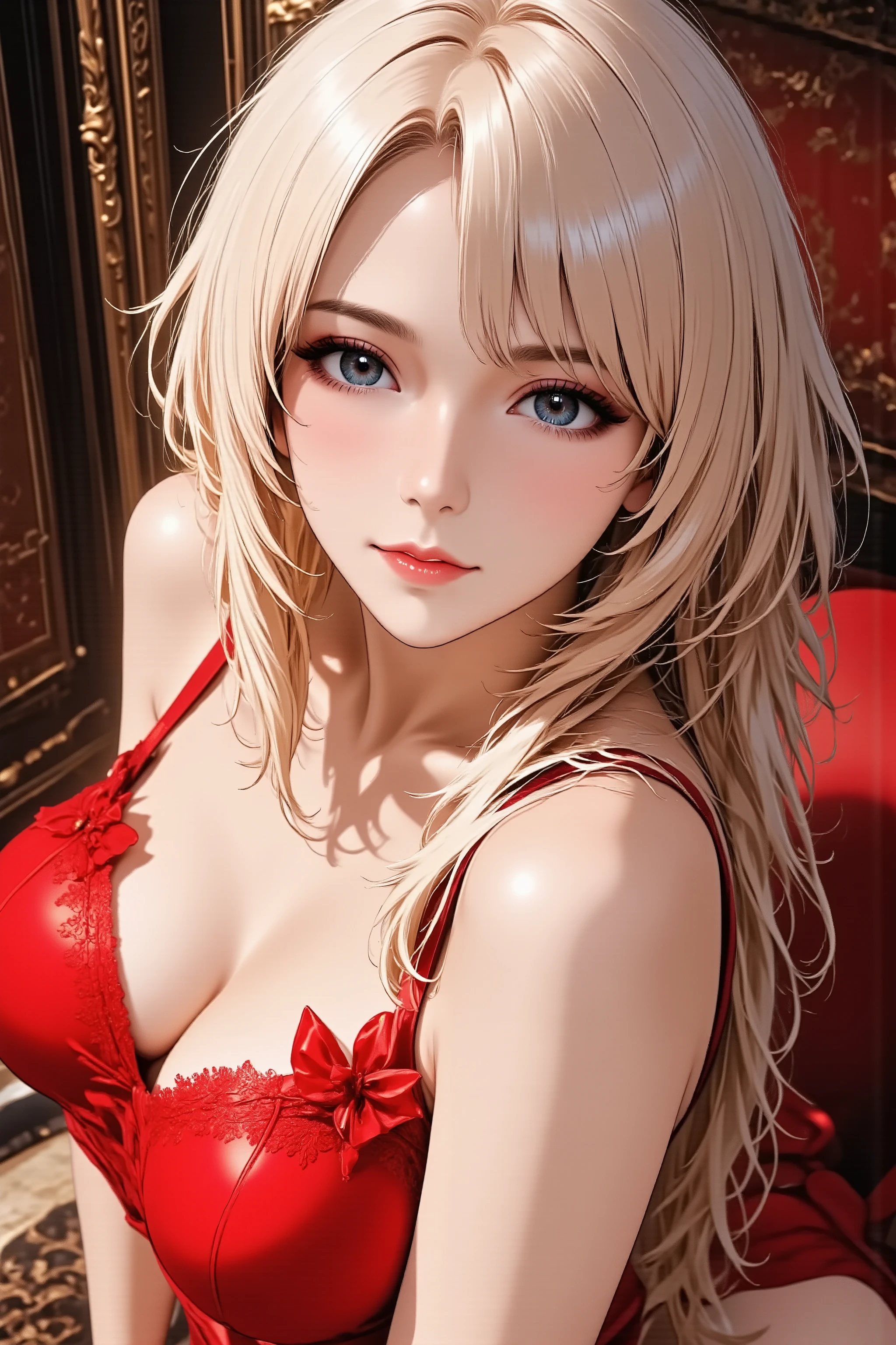 1girl, head back, arched back, long hair, silky straight hair, heavy makeup, red lips, parted lips, facing up, looking at viewer, light smile, from above, from side, slender body, slim waist, full body, glamorous cabaret girl